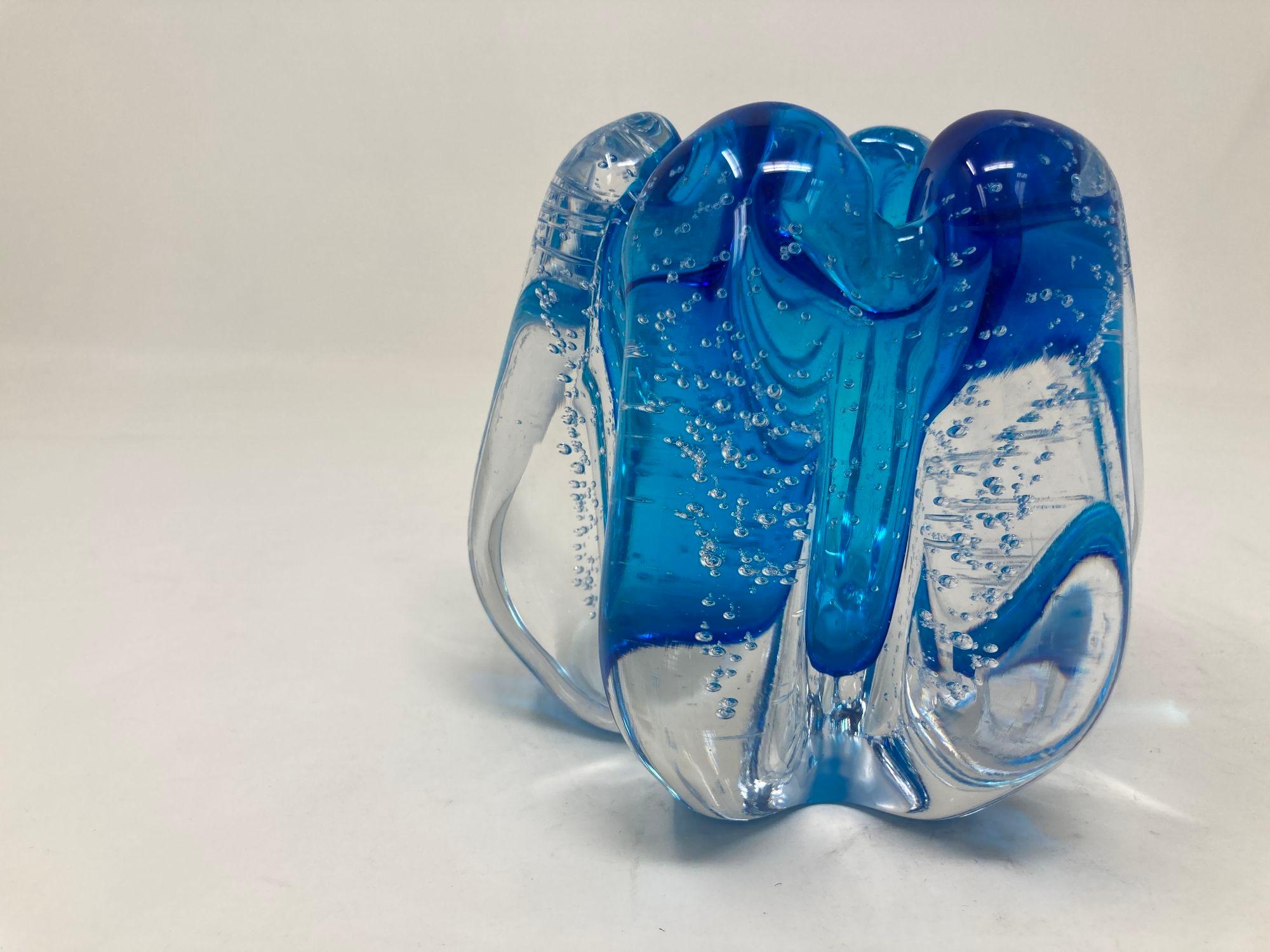 Hand-Crafted Handcrafted Floriform Blue and Clear Cased Murano Style Art Glass Paperweight For Sale