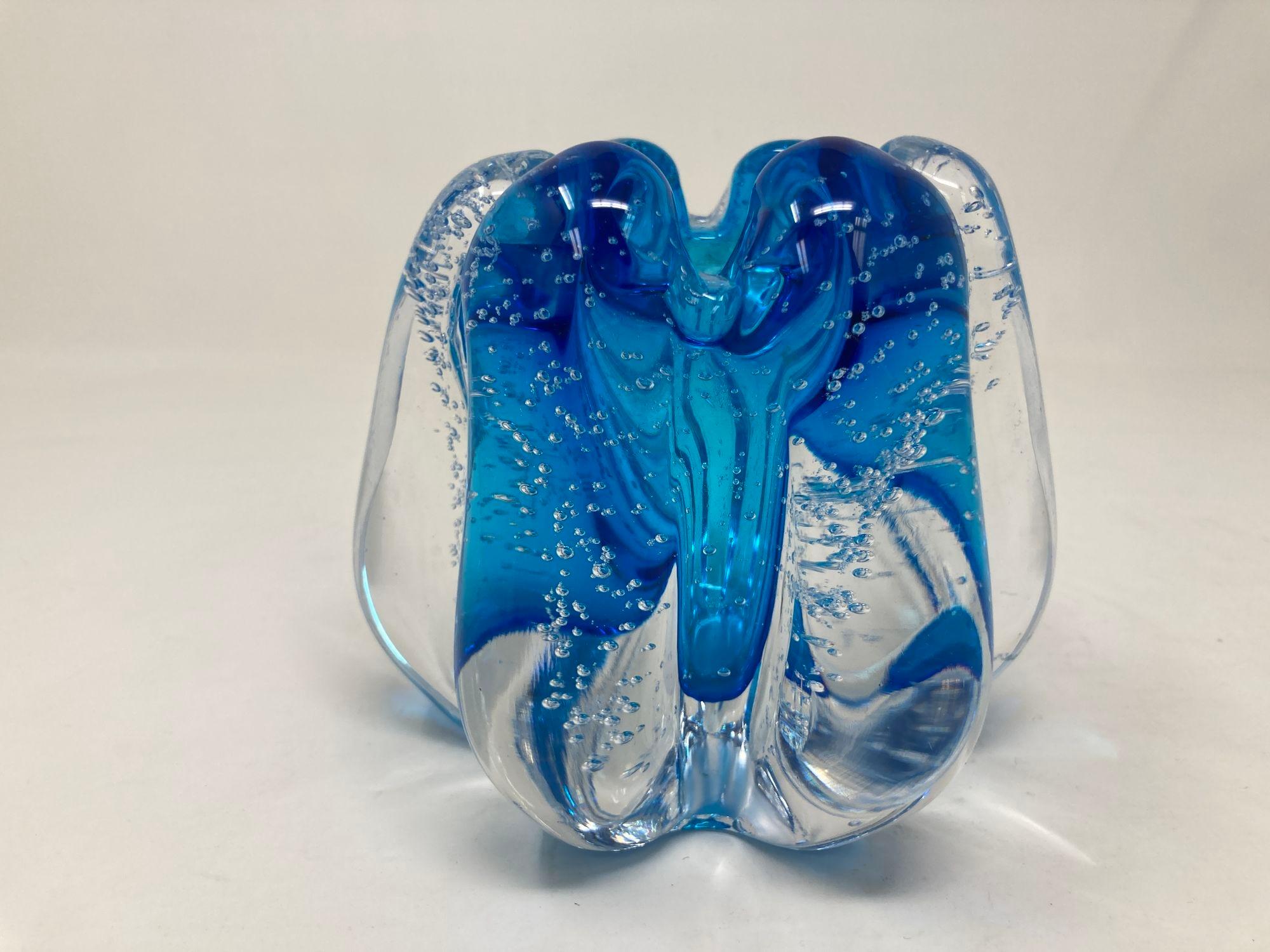 Handcrafted Floriform Blue and Clear Cased Murano Style Art Glass Paperweight In Good Condition For Sale In North Hollywood, CA