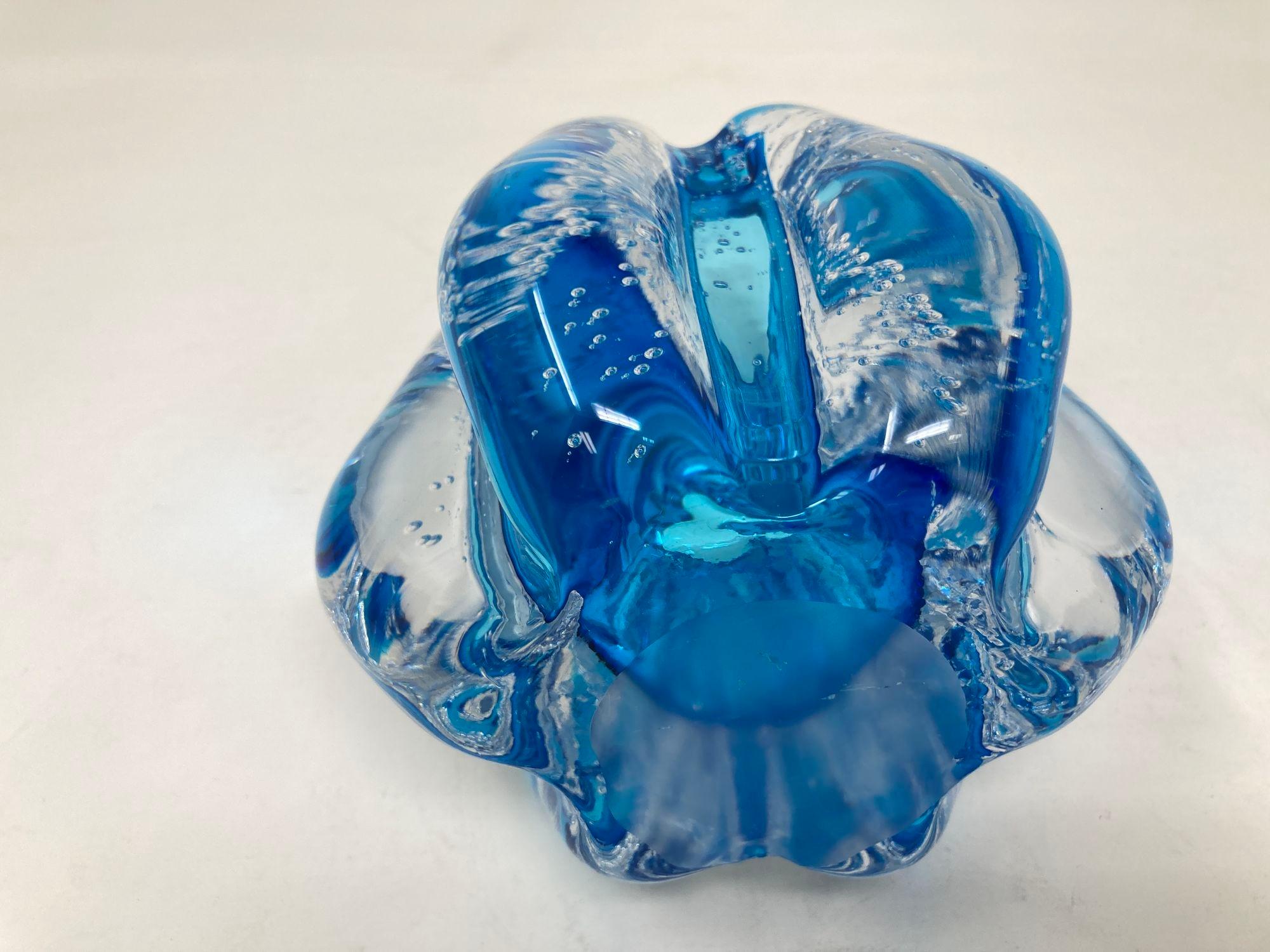 20th Century Handcrafted Floriform Blue and Clear Cased Murano Style Art Glass Paperweight For Sale