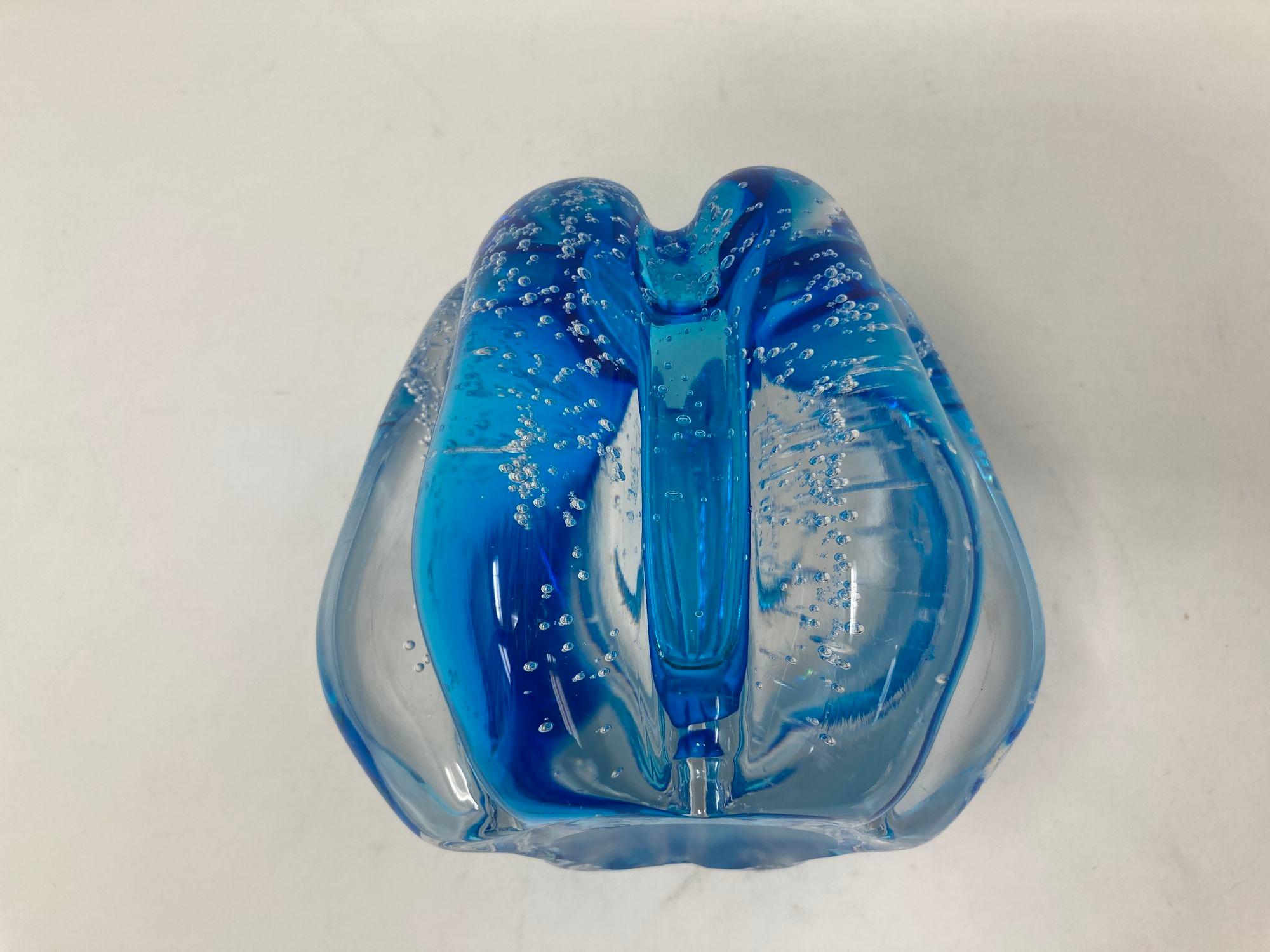 Handcrafted Floriform Blue and Clear Cased Murano Style Art Glass Paperweight For Sale 1