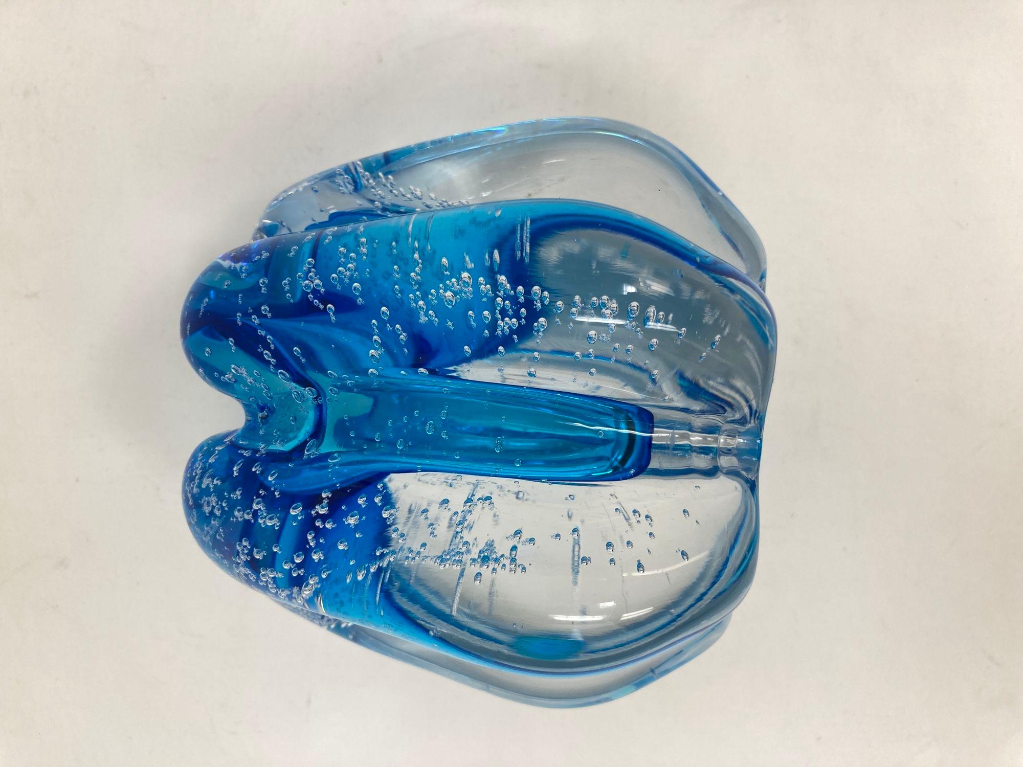Handcrafted Floriform Blue and Clear Cased Murano Style Art Glass Paperweight For Sale 2