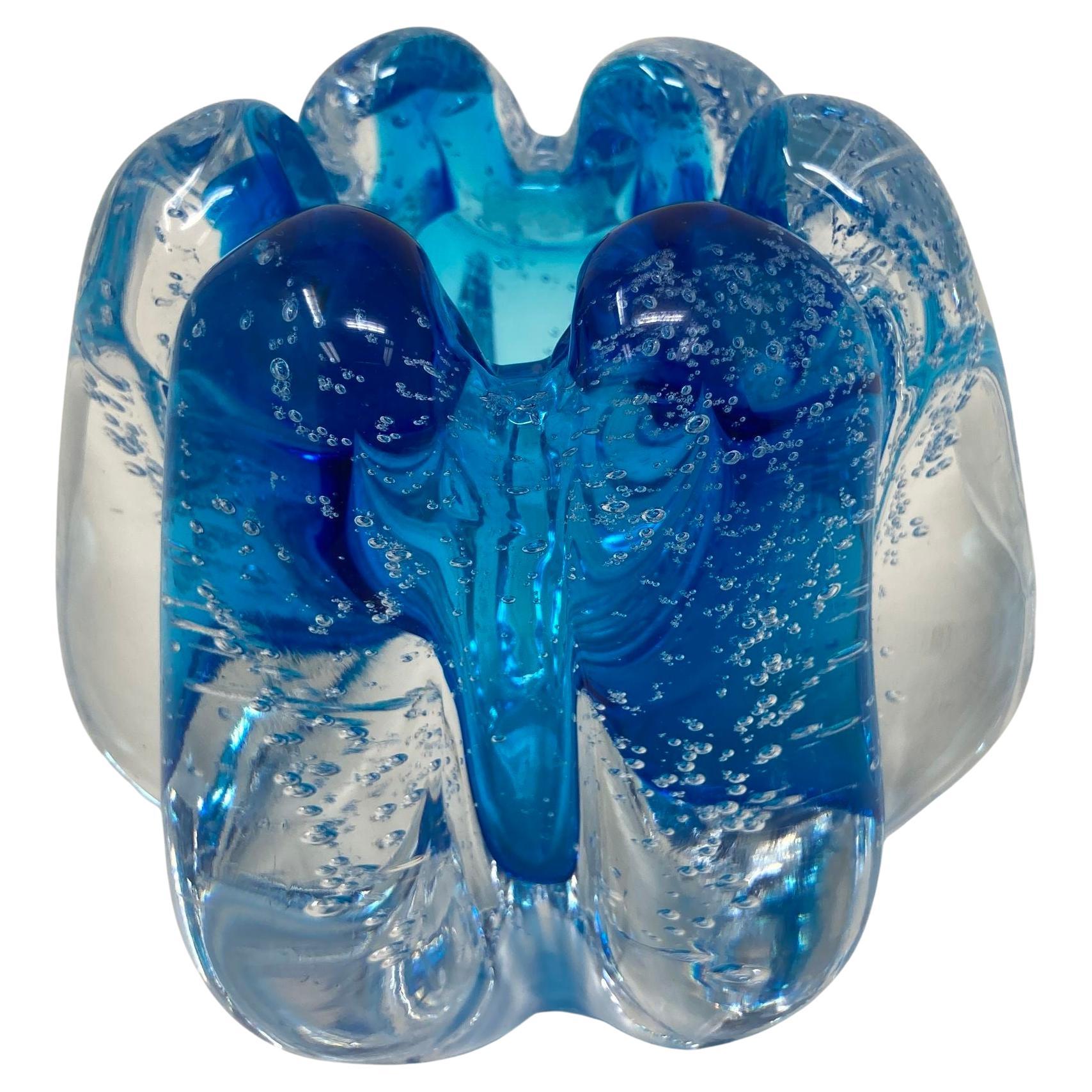 Handcrafted Floriform Blue and Clear Cased Murano Style Art Glass Paperweight For Sale