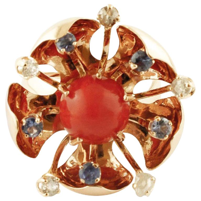 Handcrafted Flower Ring Diamonds, Sapphires, Coral, Rose Gold