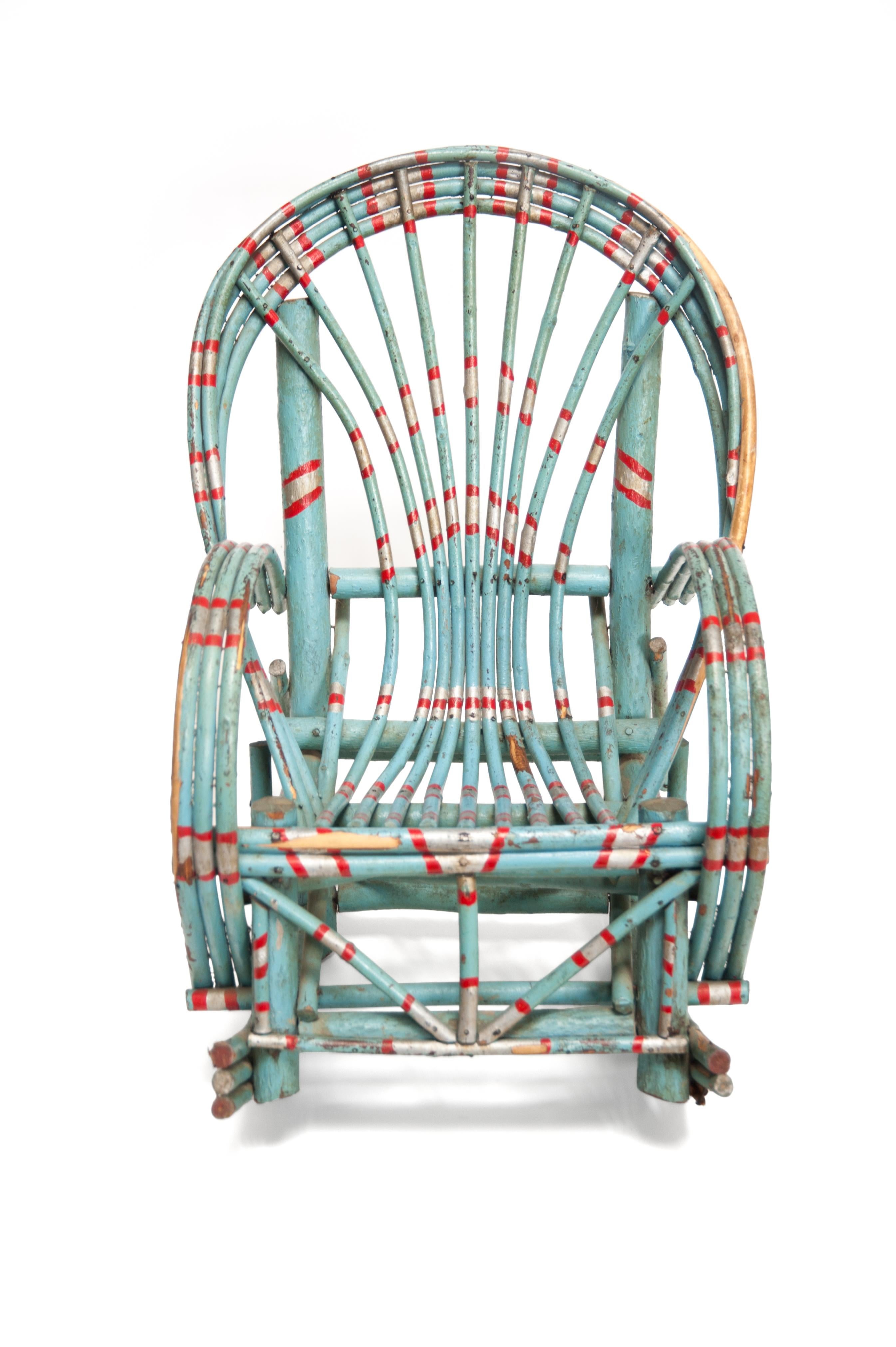 Handcrafted Folk Art rocking chair, designer unknown, USA, 1910s

Handcrafted Folk Art rocking chair
Designer unknown, USA, 1910s
Measures: H 25 in, W 17 in, D 24 in seat height 9 in.