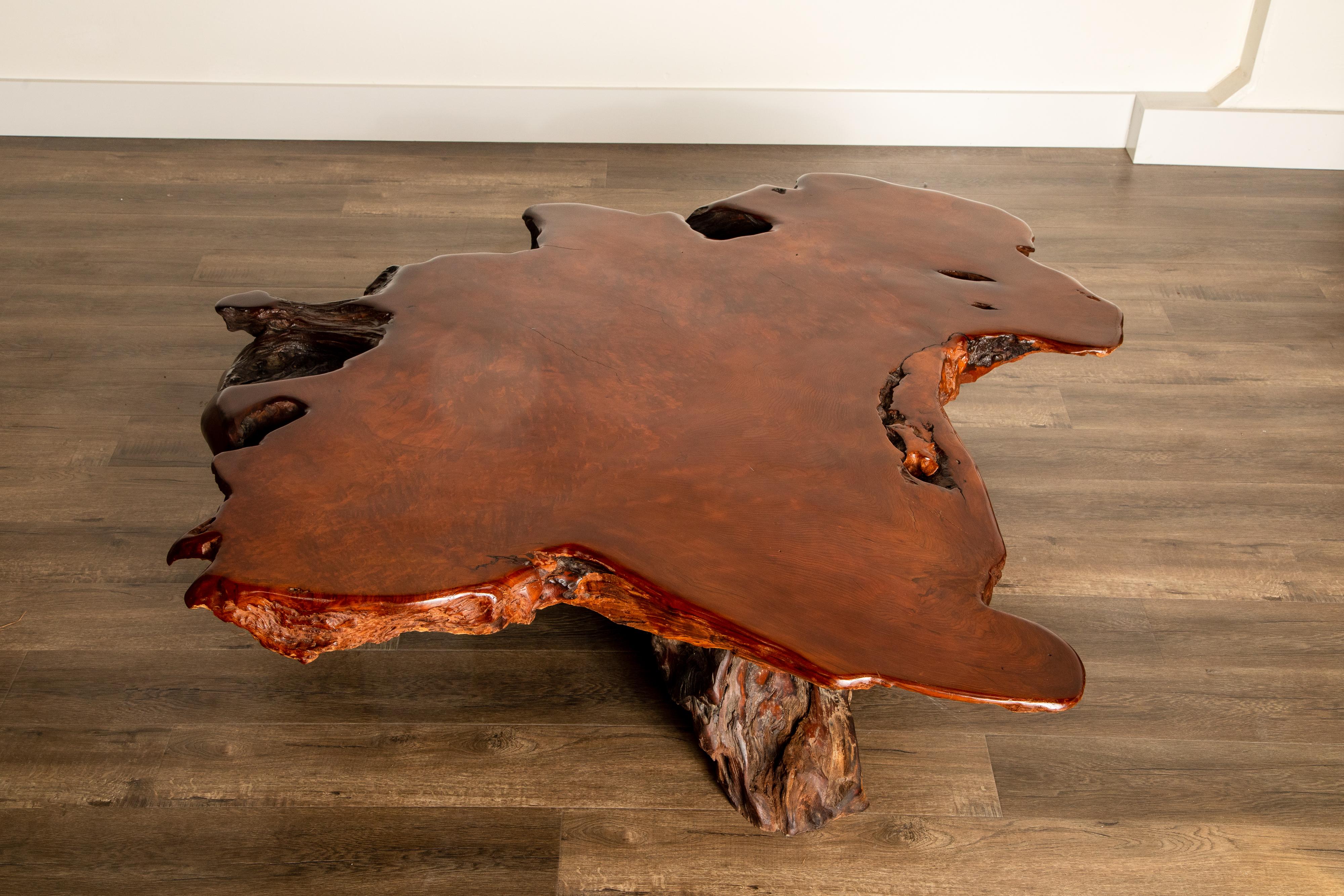 Wood Handcrafted Freeform Live Slab Burl Redwood Coffee Table by Daryl Stokes, 1970s