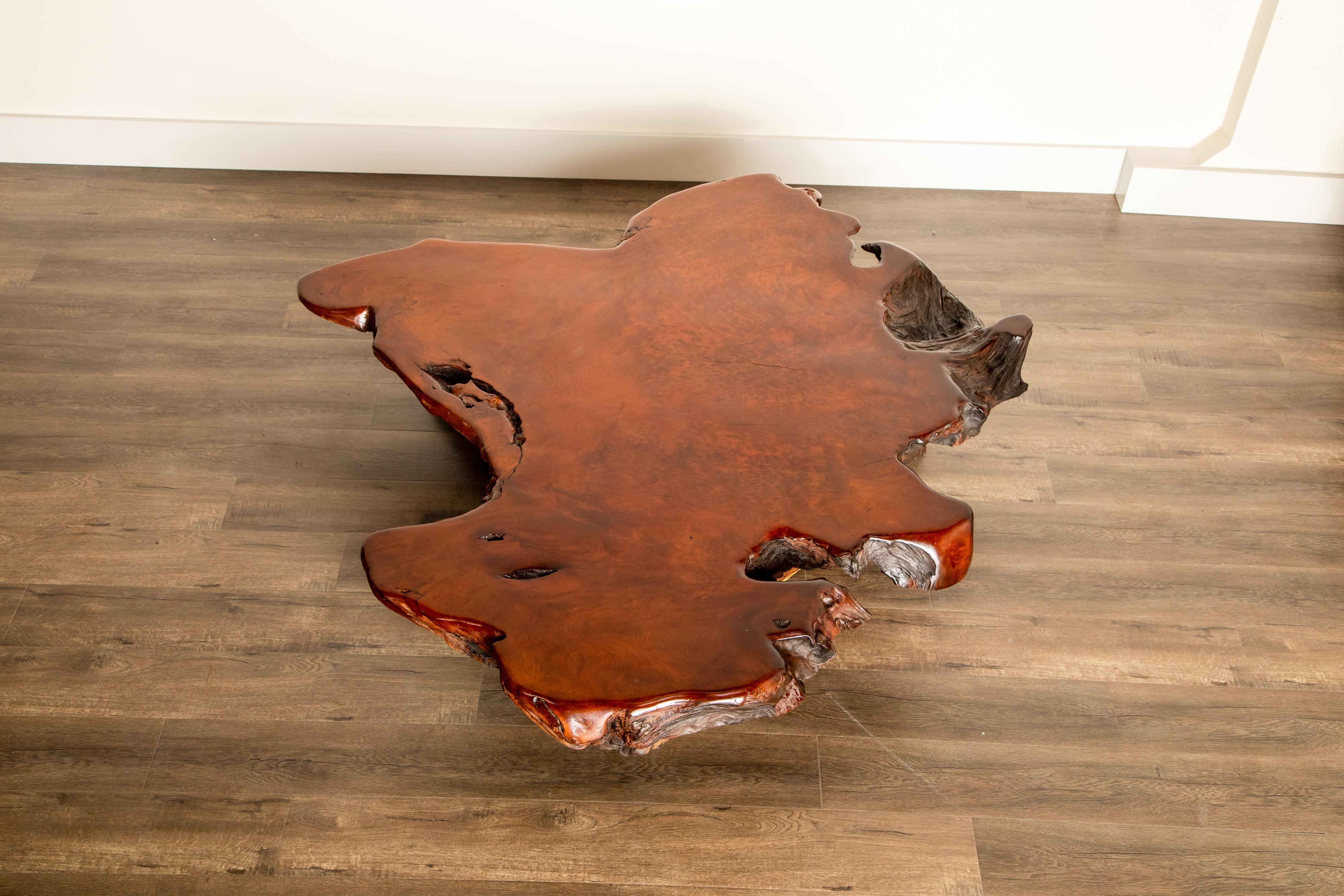 American Craftsman Handcrafted Freeform Live Slab Burl Redwood Coffee Table by Daryl Stokes, 1970s