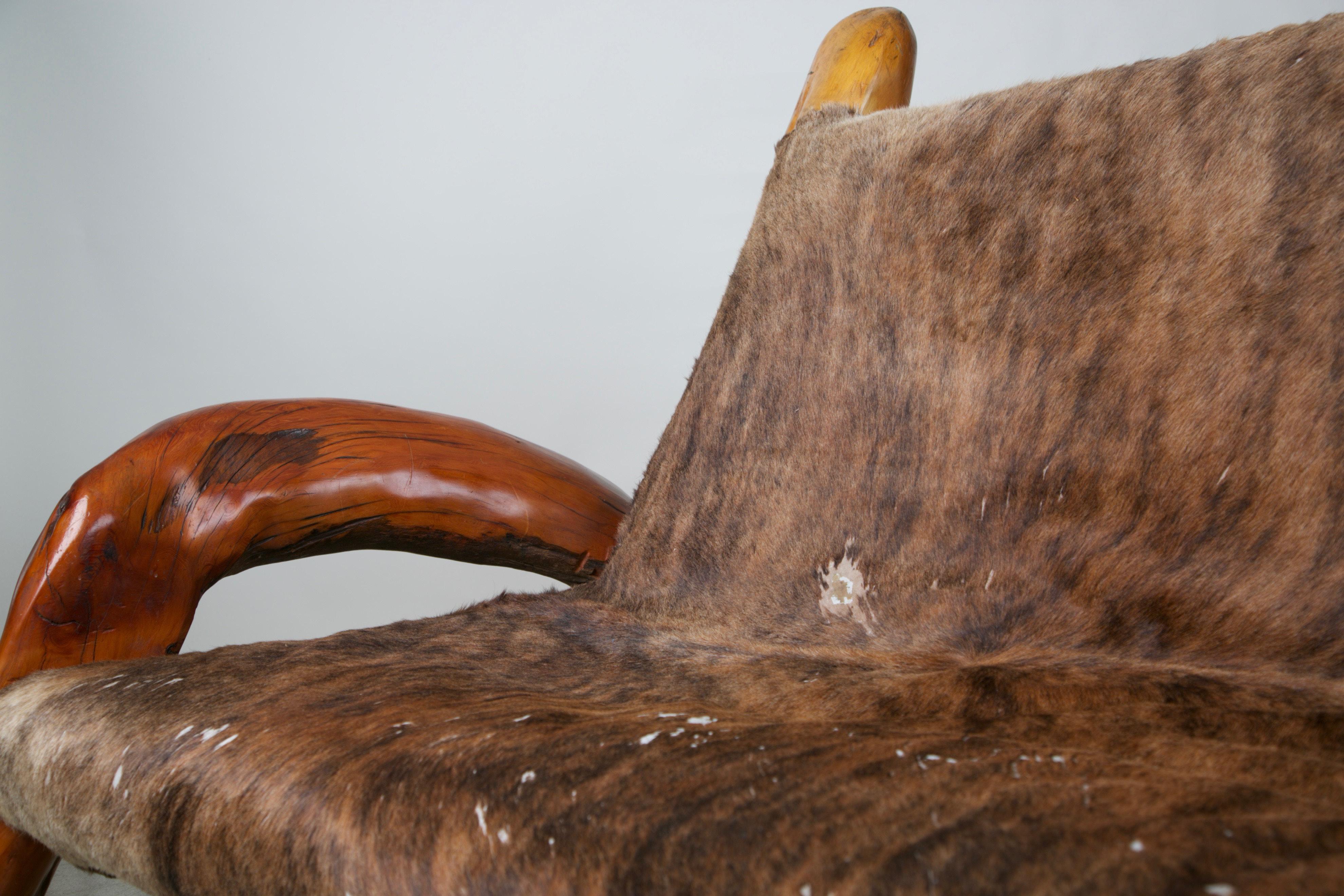 Handcrafted Freeform Live Slab Burl Wood Artisan Hair-on-Hide Sofa In Good Condition In Los Angeles, CA