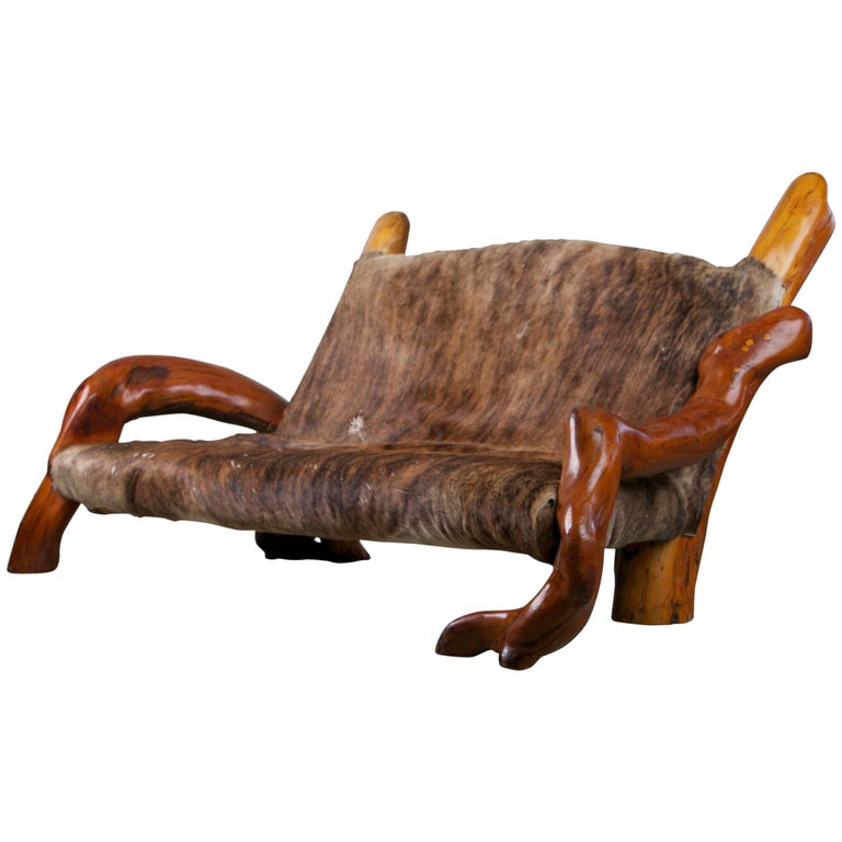 Handcrafted Freeform Live Slab Burl Wood Hair On Hide Sofa Slab Burl Wood Hair On Hide