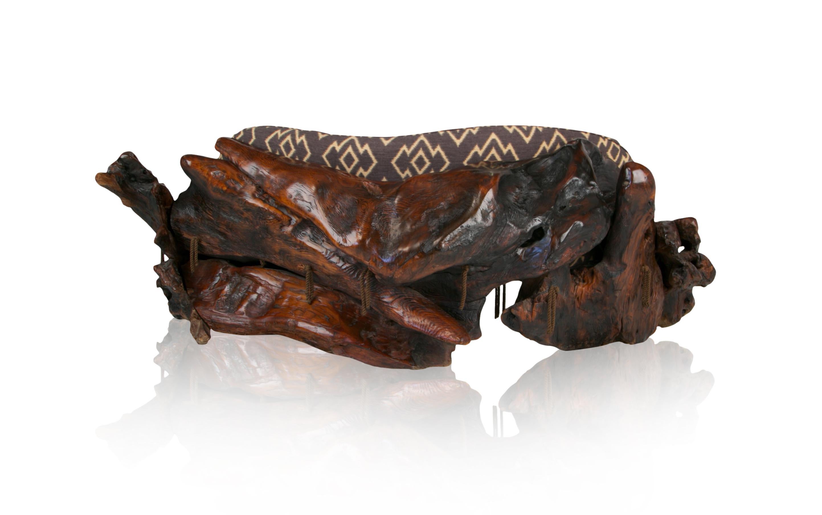 Fabric Handcrafted Freeform Sculptural Slab Redwood Burl Artisan Sofa, c 1975