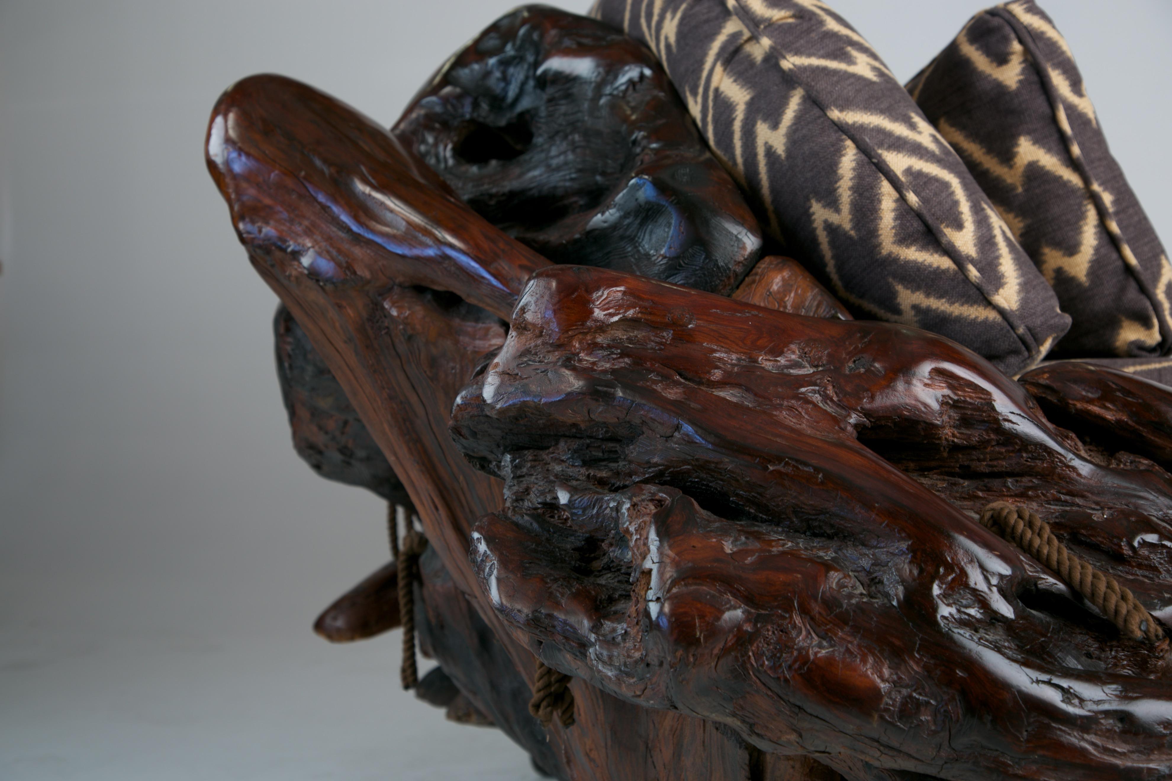 Fabric Handcrafted Freeform Sculptural Slab Redwood Burl Artisan Sofa, c 1975