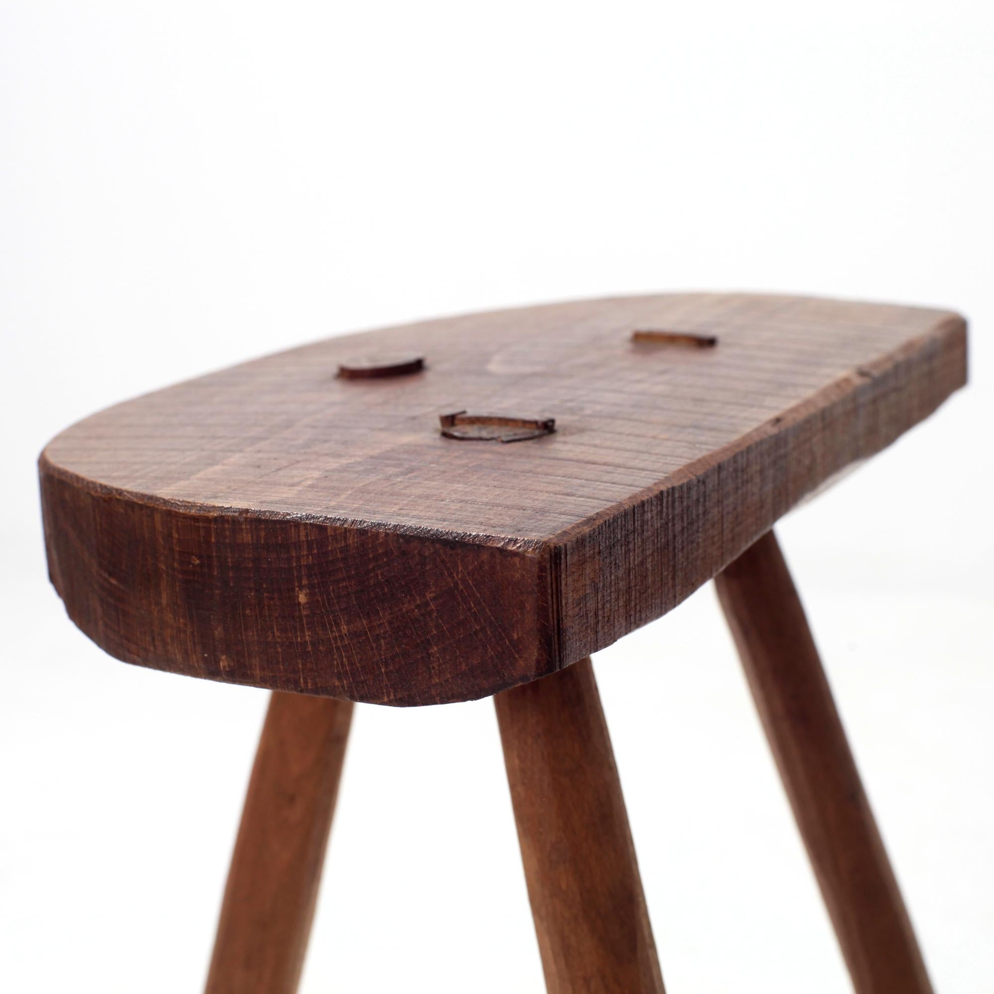 Handcrafted French Brutalist Rustic Solid Wood Tripod Stool For Sale 5