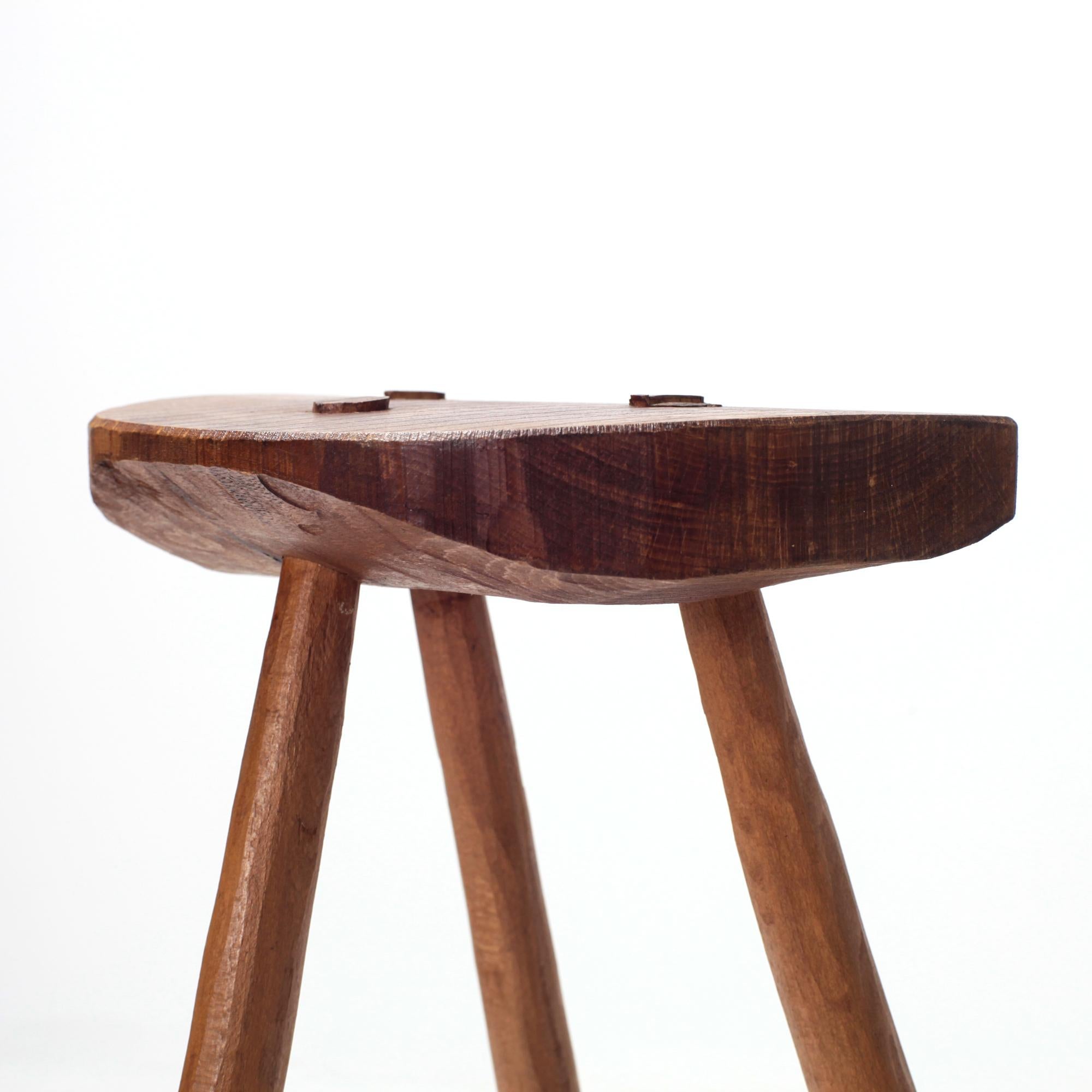 Handcrafted French Brutalist Rustic Solid Wood Tripod Stool For Sale 7