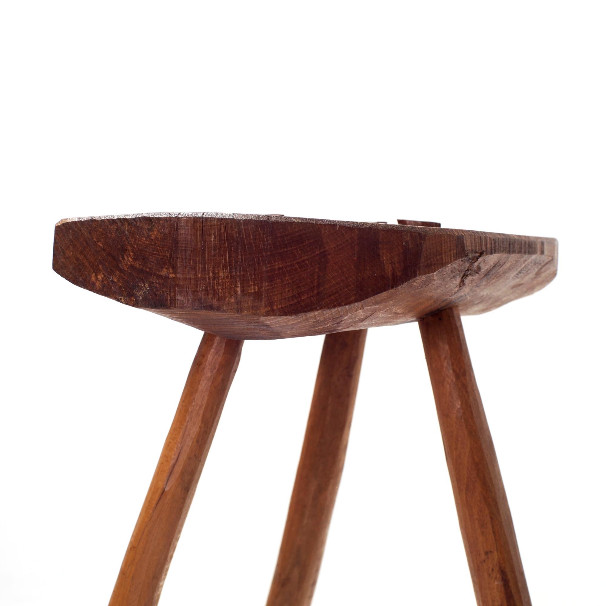 Handcrafted French Brutalist Rustic Solid Wood Tripod Stool For Sale 8