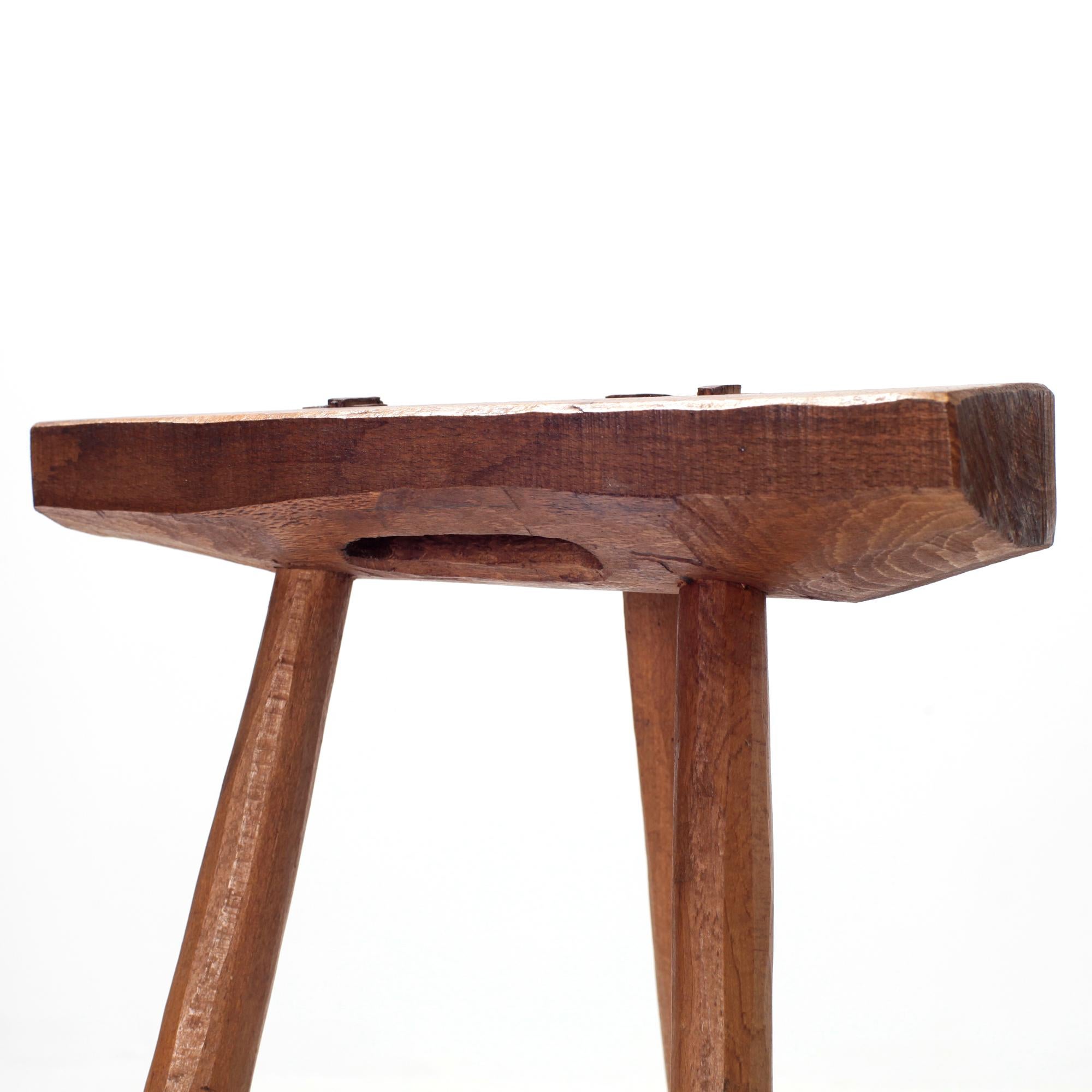 Handcrafted French Brutalist Rustic Solid Wood Tripod Stool For Sale 9
