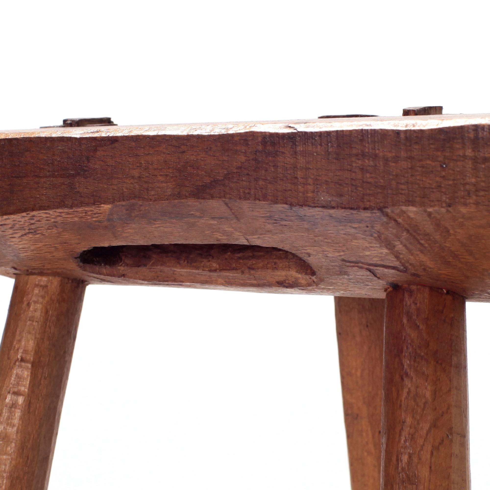 Handcrafted French Brutalist Rustic Solid Wood Tripod Stool For Sale 12