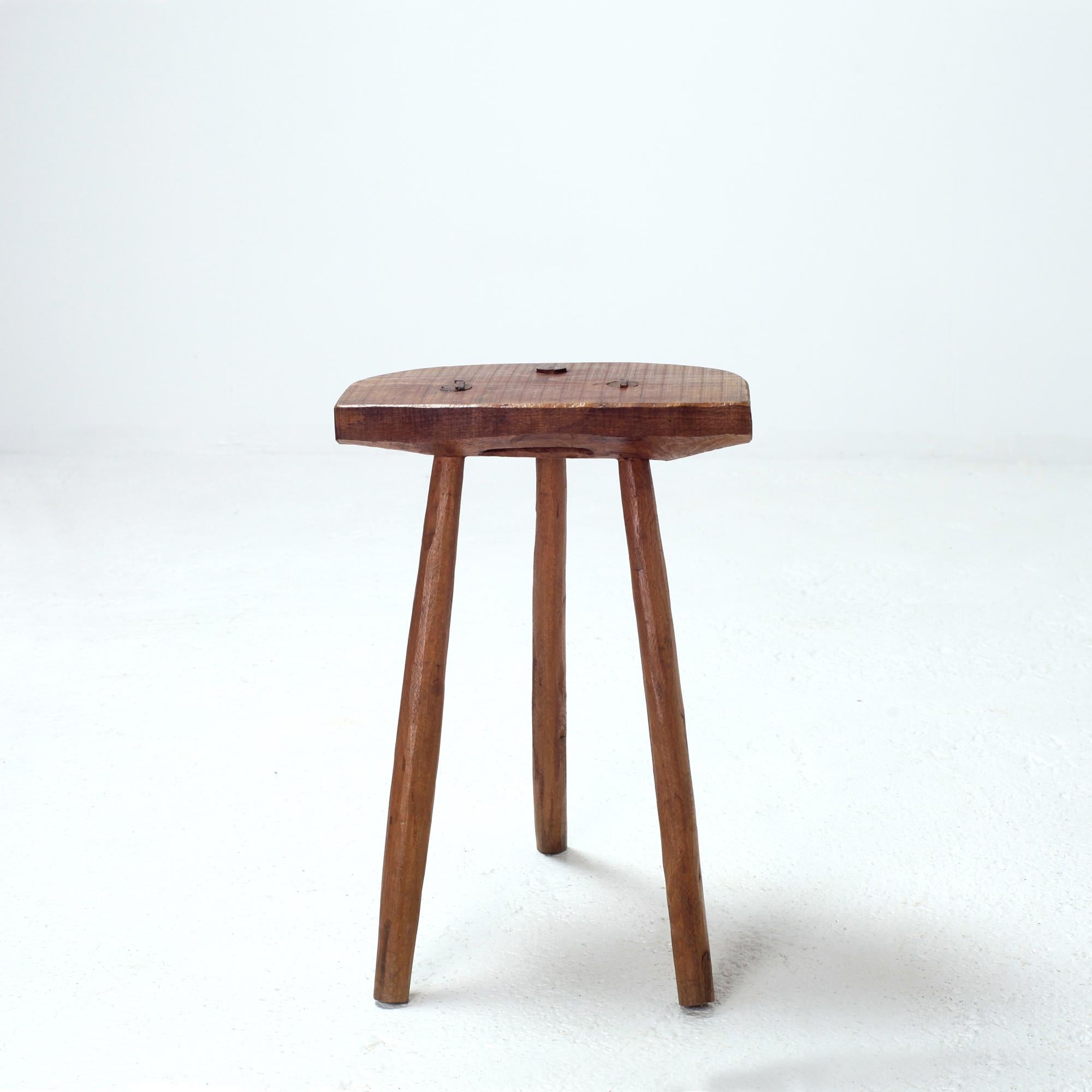 Arts and Crafts Handcrafted French Brutalist Rustic Solid Wood Tripod Stool For Sale