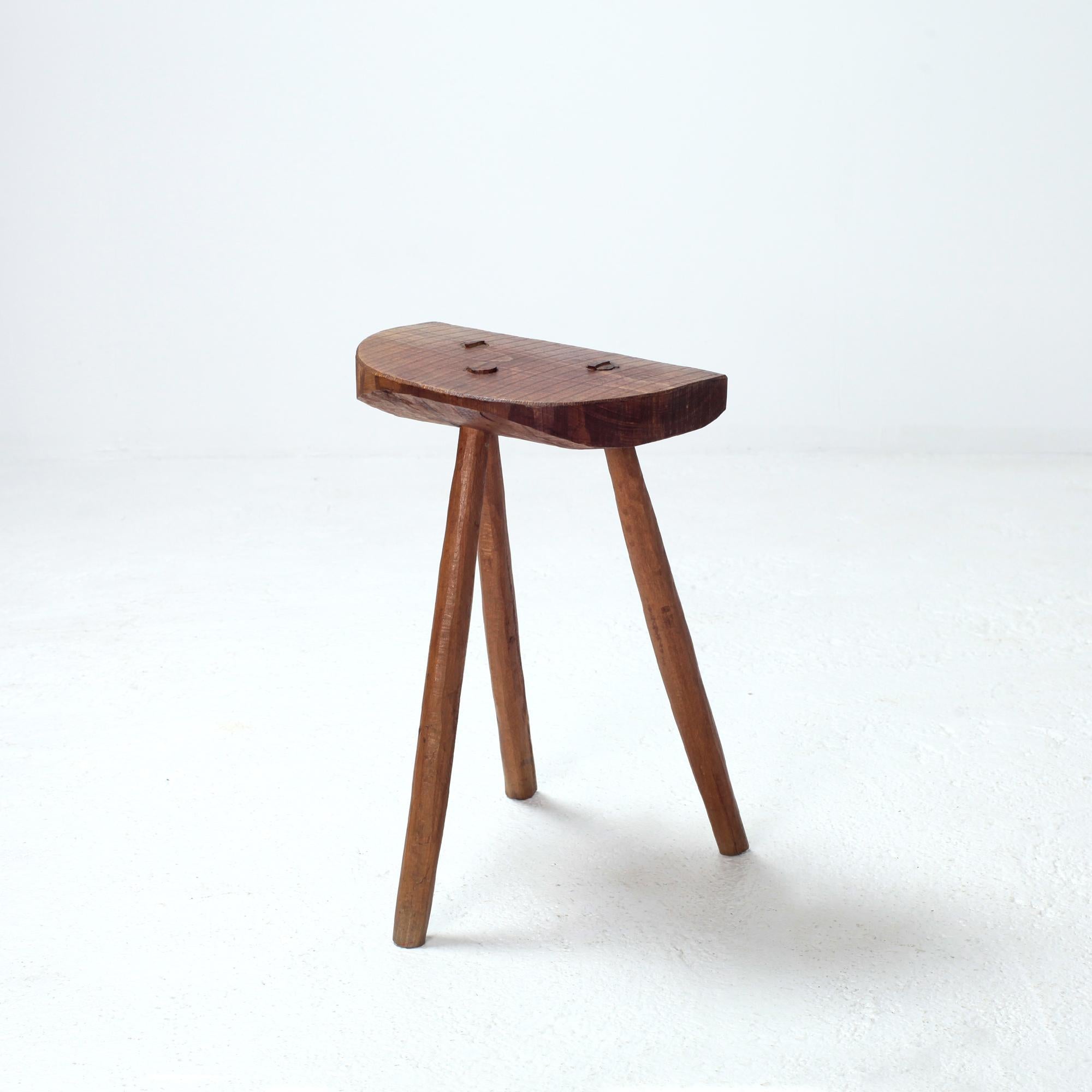Mid-20th Century Handcrafted French Brutalist Rustic Solid Wood Tripod Stool For Sale