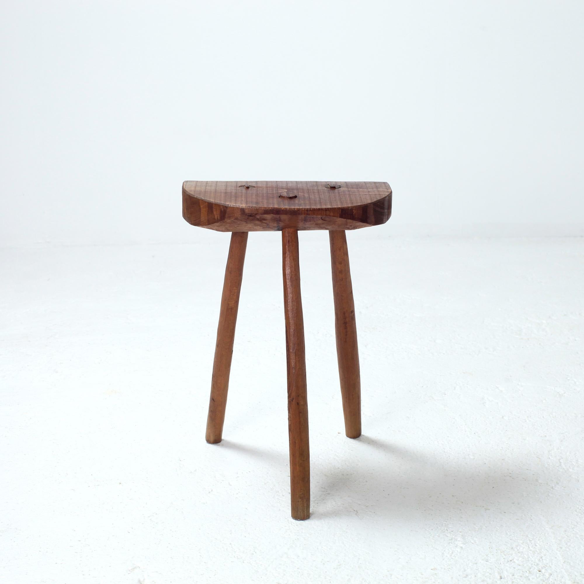 Handcrafted French Brutalist Rustic Solid Wood Tripod Stool For Sale 1
