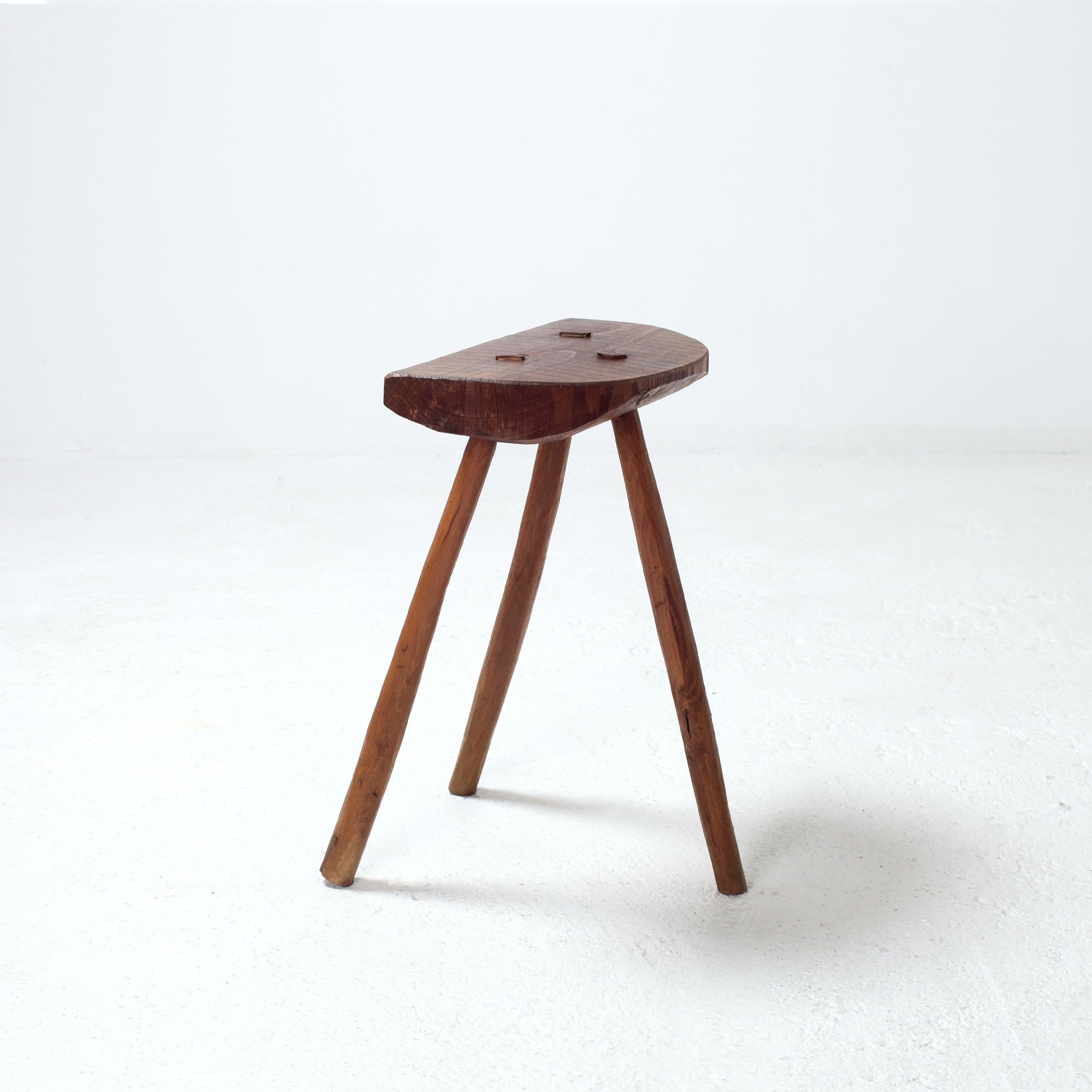 Handcrafted French Brutalist Rustic Solid Wood Tripod Stool For Sale 2