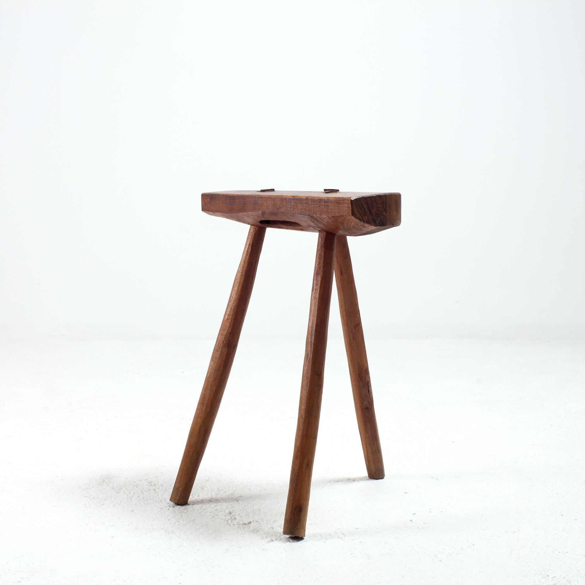Handcrafted French Brutalist Rustic Solid Wood Tripod Stool For Sale 3