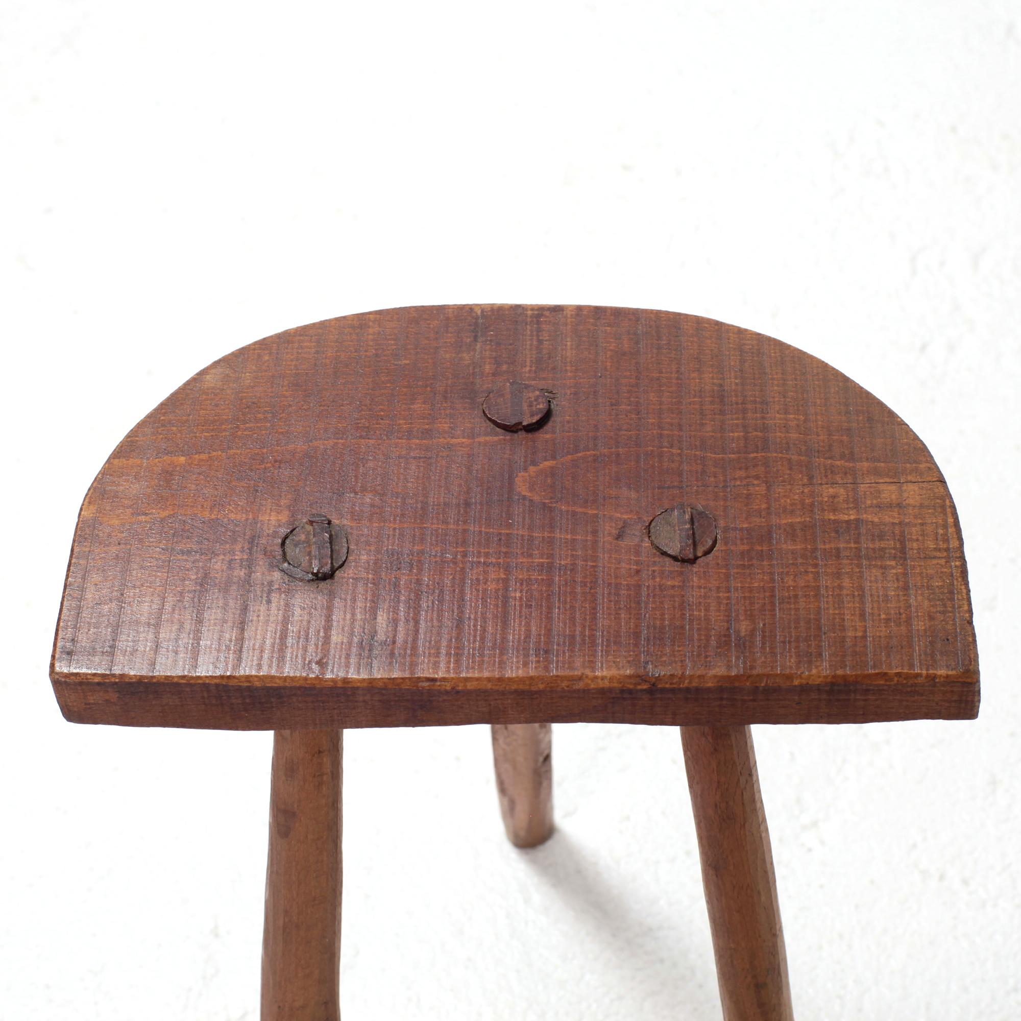 Handcrafted French Brutalist Rustic Solid Wood Tripod Stool For Sale 4