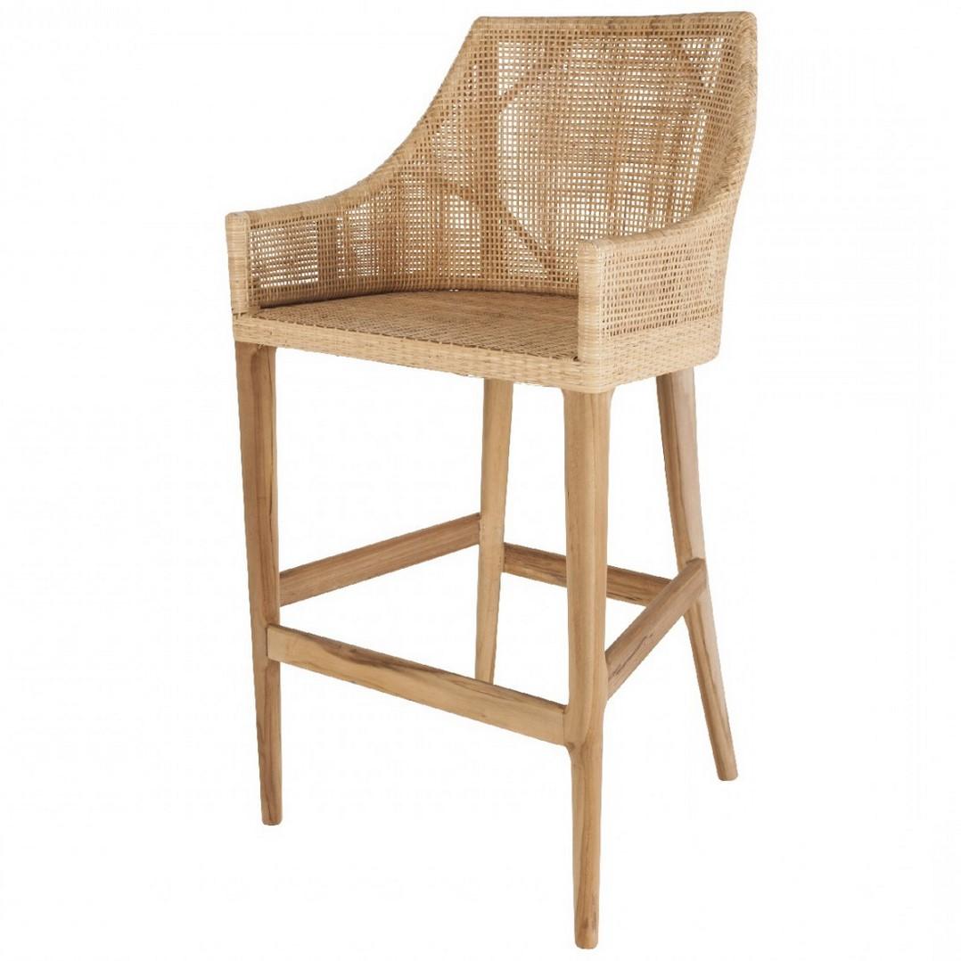 Elegant rattan bar stool with a teak wooden structure combining quality, robustness and class. Comfortable and ergonomic, aerial and poetic. The armrests height is 82cm and the seat height is 71cm (cushion include). In excellent condition (new