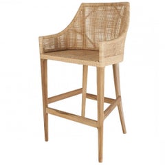 Handgefertigter Barhocker aus Holz und Rattan im französischen Design