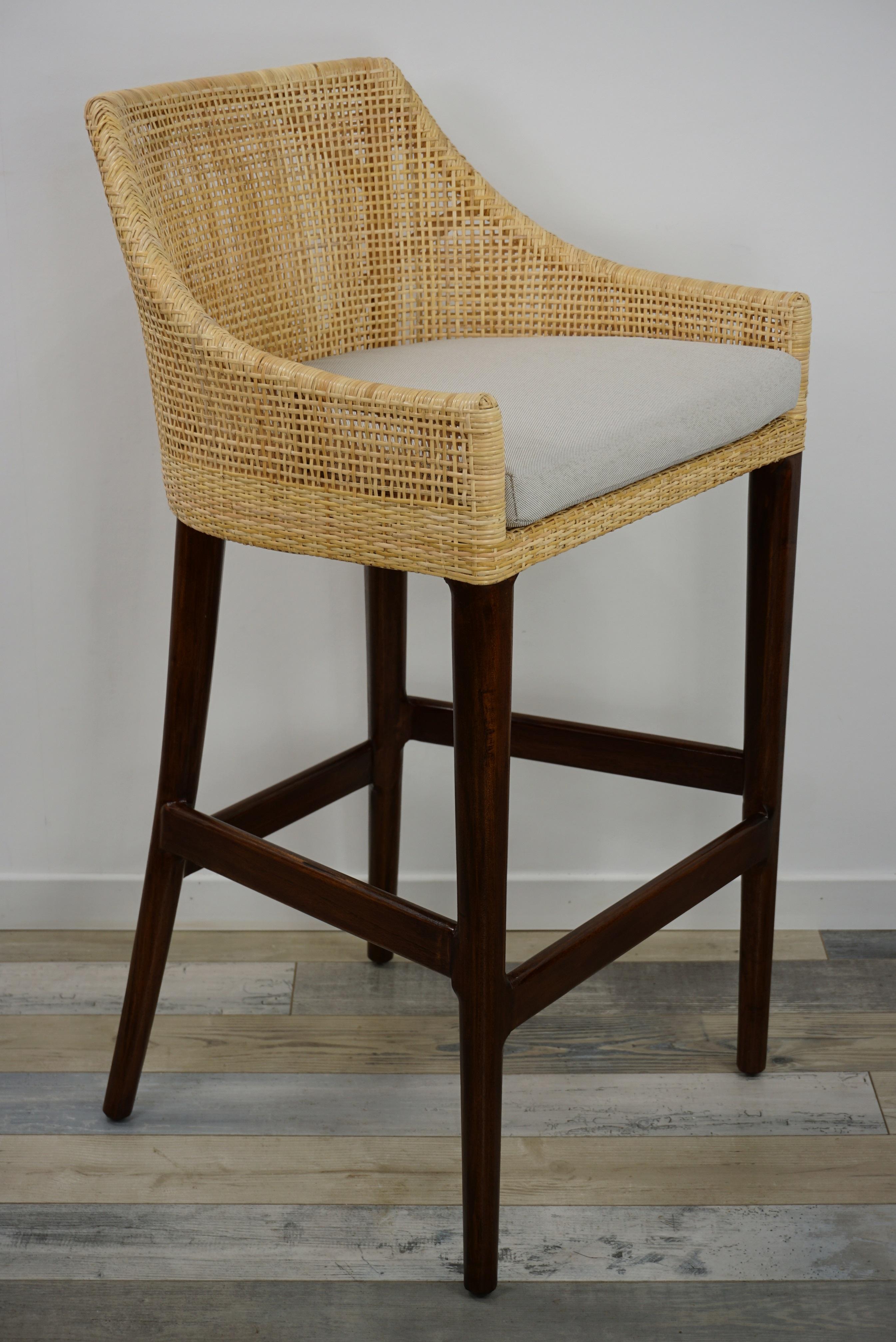 Scandinavian Modern Handcrafted French Design Wooden and Rattan Bar Stool For Sale