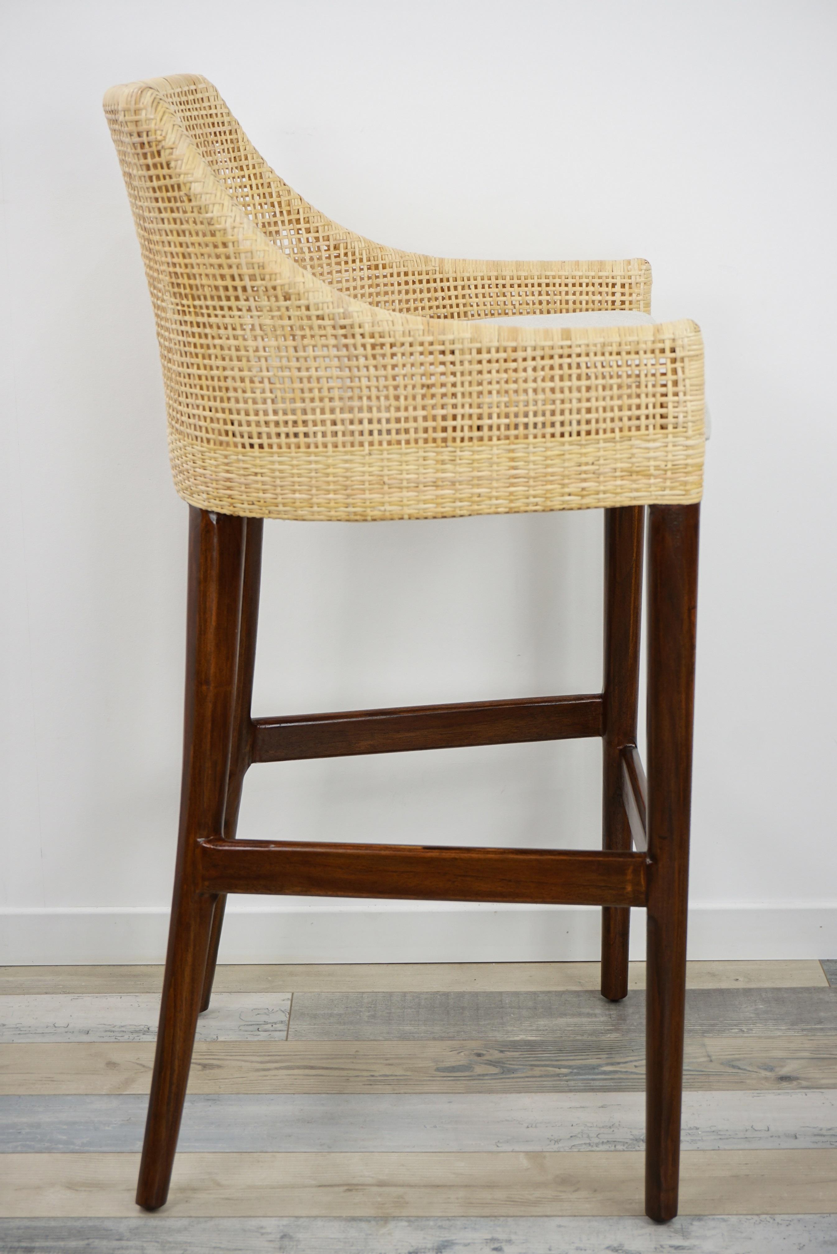Handcrafted French Design Wooden and Rattan Bar Stool In New Condition For Sale In Tourcoing, FR