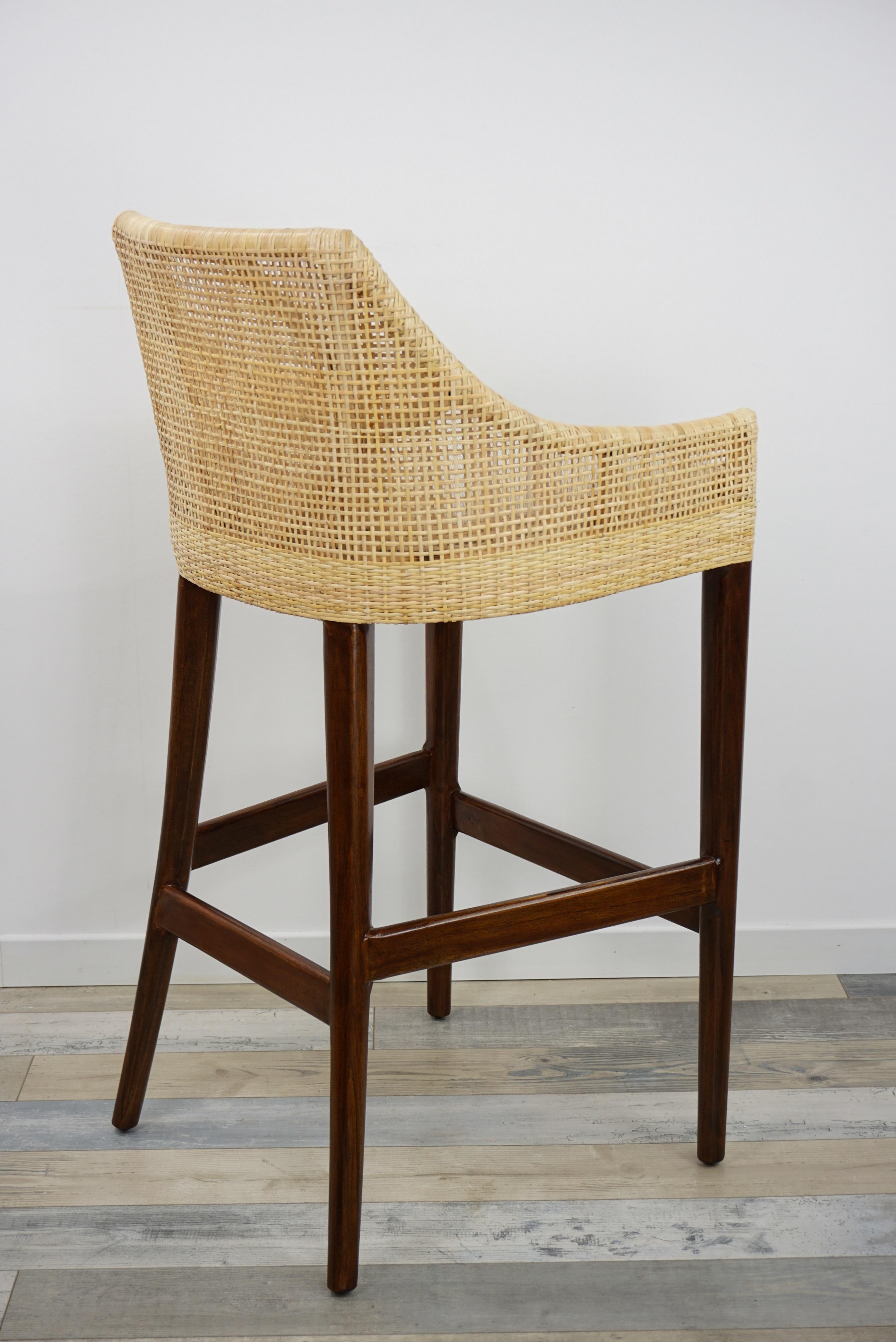 Handcrafted French Design Wooden and Rattan Bar Stool For Sale 1