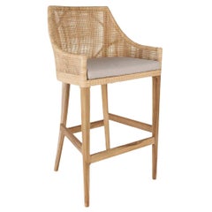 Handcrafted French Design Wooden and Rattan Bar Stool