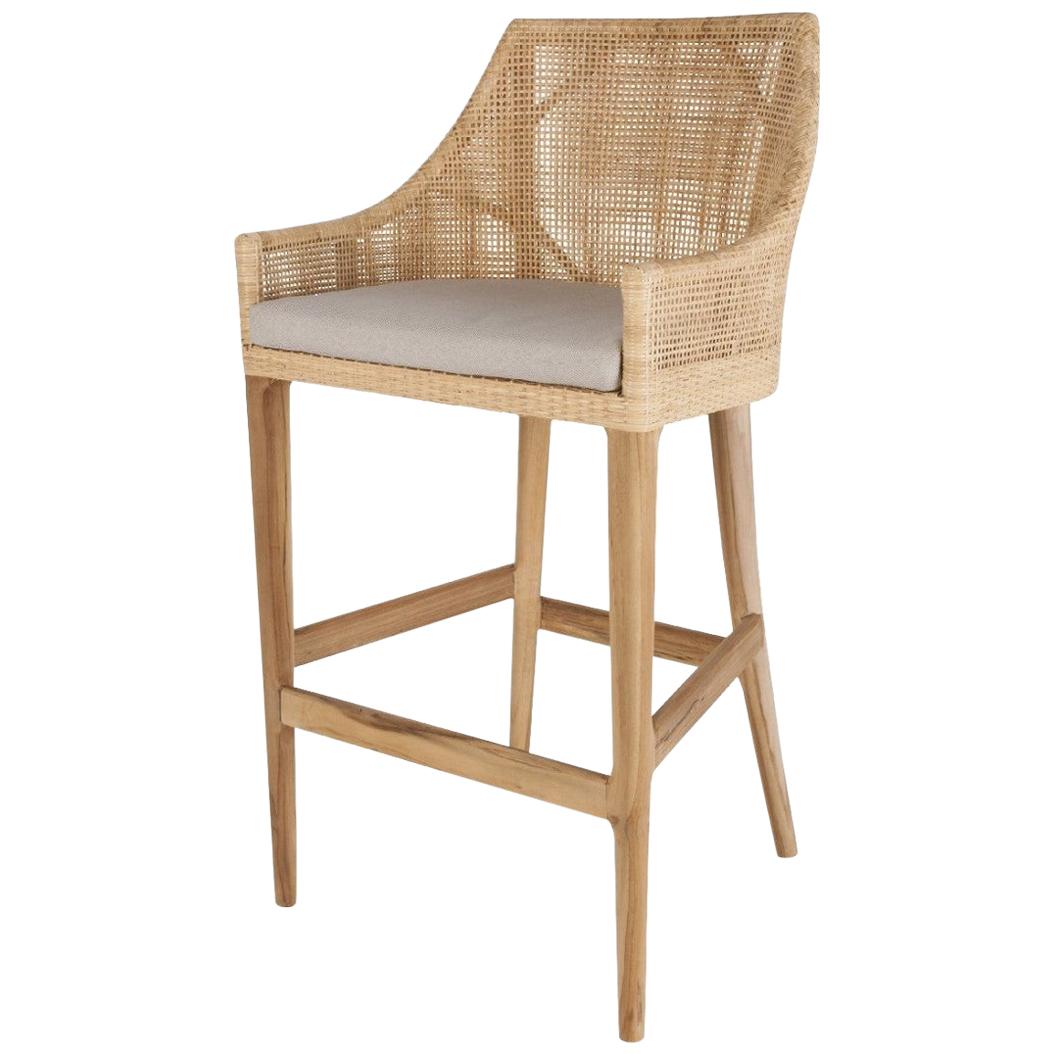 Handcrafted French Design Wooden and Rattan Bar Stool