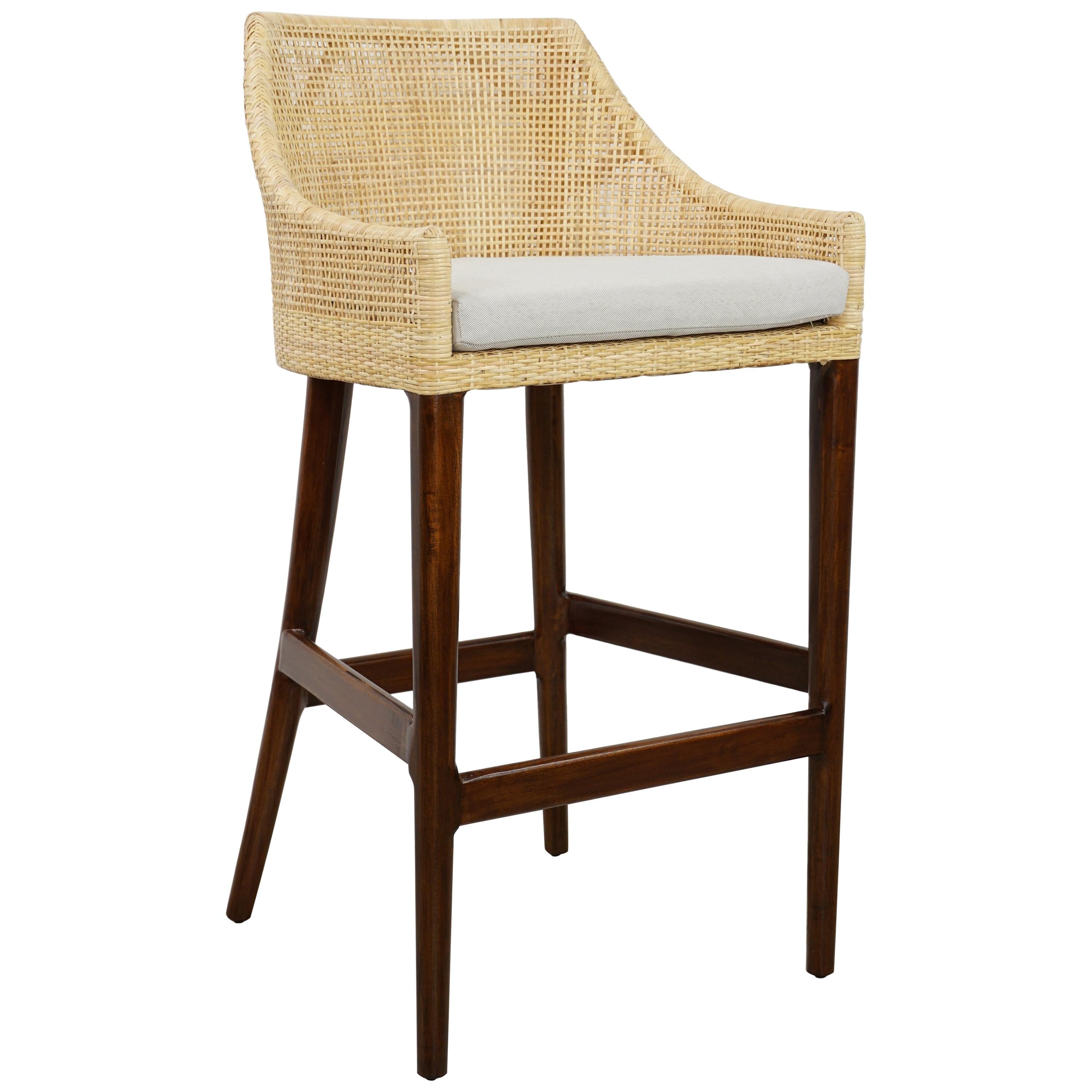 Handcrafted French Design Wooden and Rattan Bar Stool For Sale