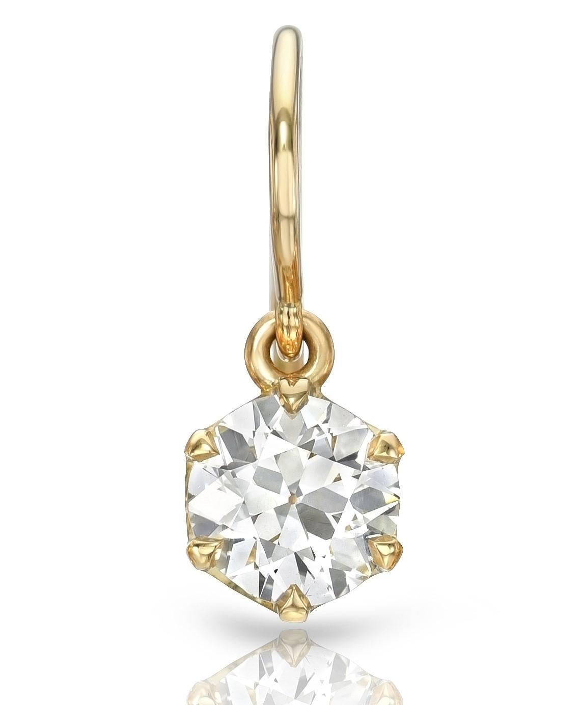 1.68ctw I-J/VS2 GIA certified old European cut diamonds prong set in handcrafted 18K yellow gold drop earrings. 