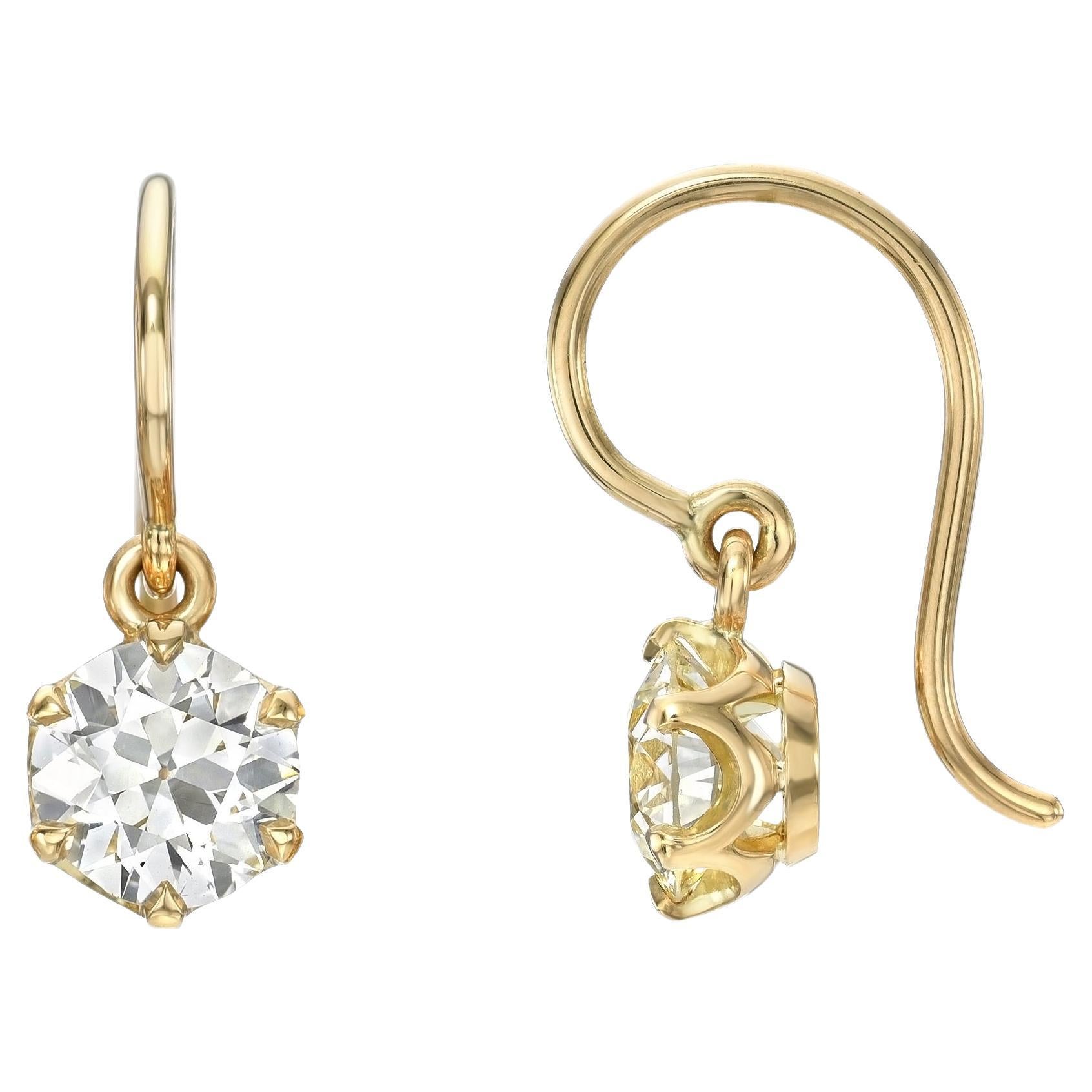 Handcrafted Gia Old European Cut Diamond Drop Earrings by Single Stone For Sale