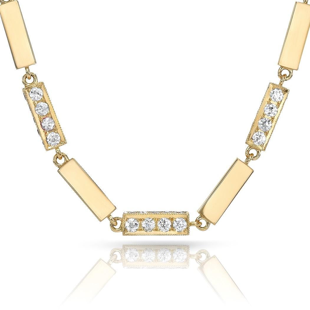 Approximately 9.00ctw G-H/VS old European cut diamonds set in a handcrafted 18K yellow gold full bar necklace.

Necklace measures 17.5