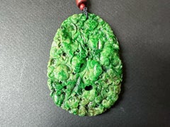 Handcrafted Giant Intense Green Jade Pendant  Artisan-Carved Ruyi, Peach