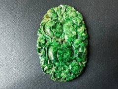 Handcrafted Giant Intense Green Jade Pendant  Artisan-Carved Ruyi, Peach