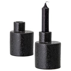 Handcrafted Glazed Black Stoneware Candlestick Set of Two