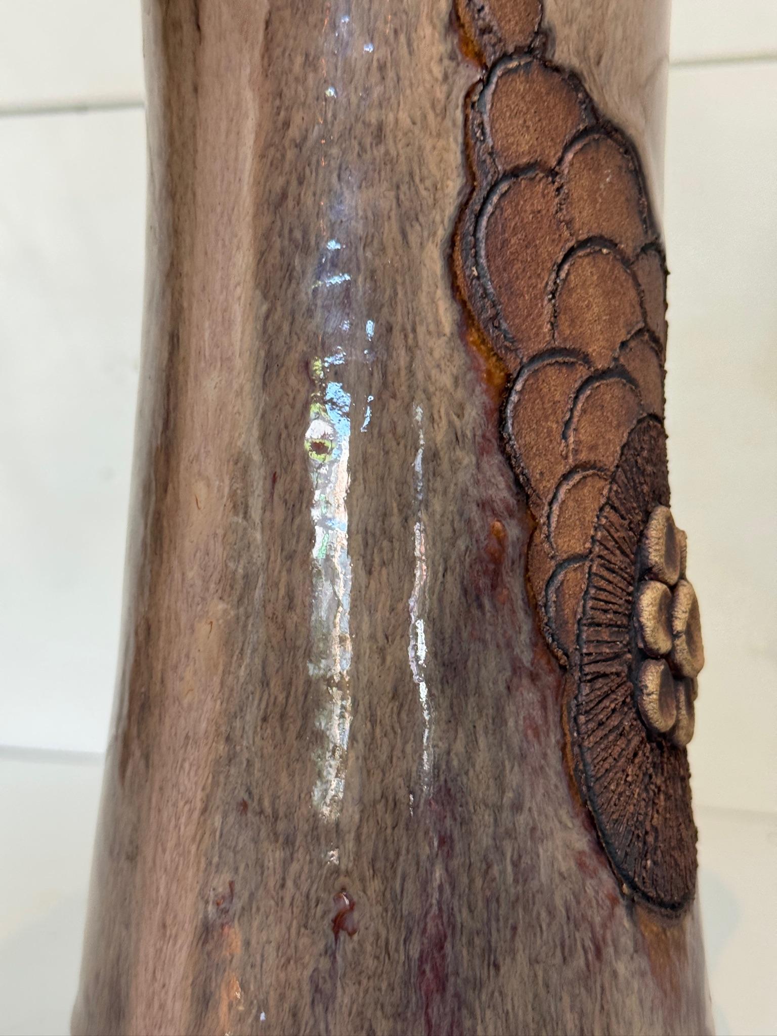 Handcrafted Glazed Stoneware Studio Pottery Vase with Relief Floral Motif For Sale 4