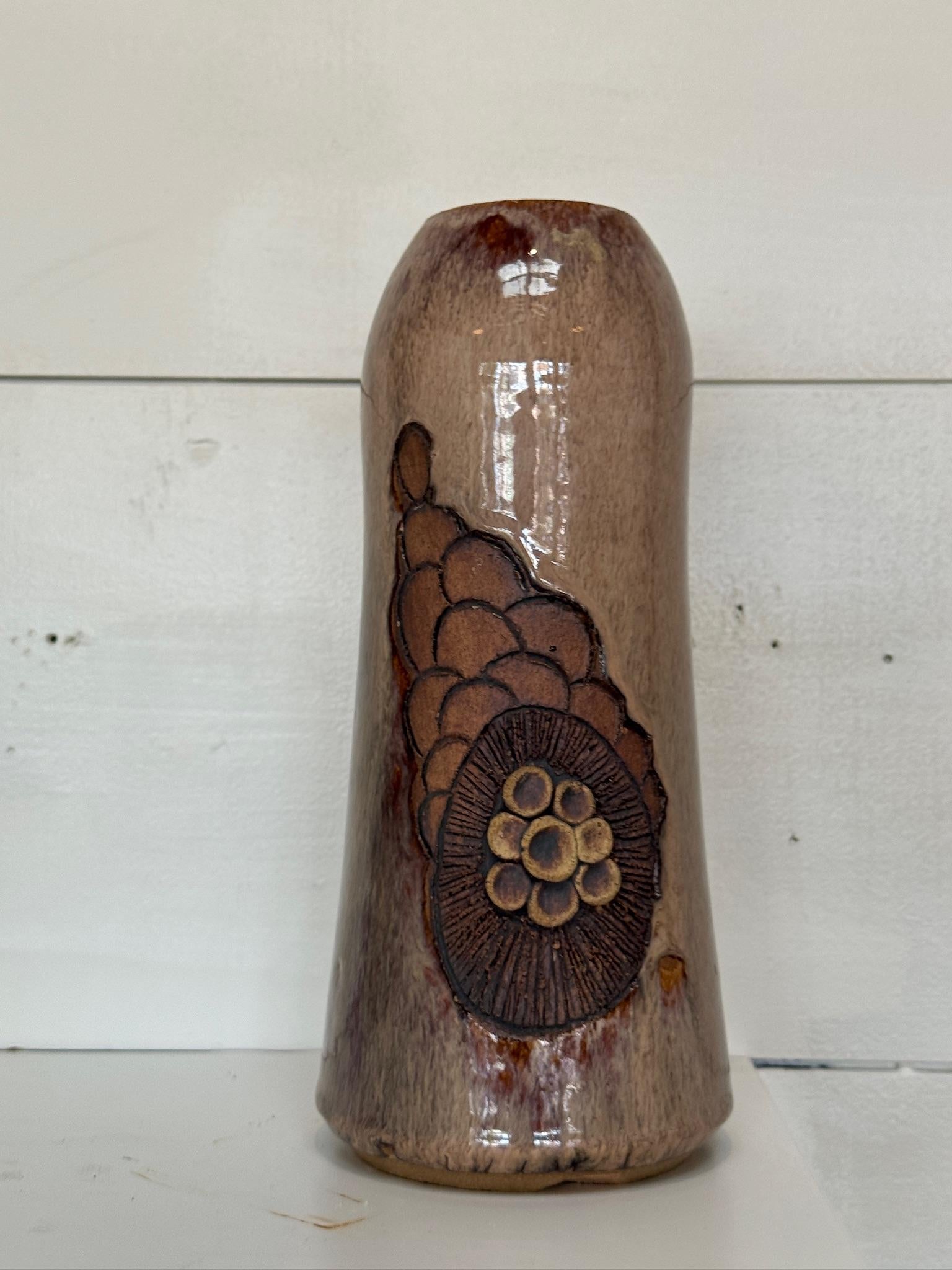 Handcrafted Glazed Stoneware Studio Pottery Vase with Relief Floral Motif For Sale 7