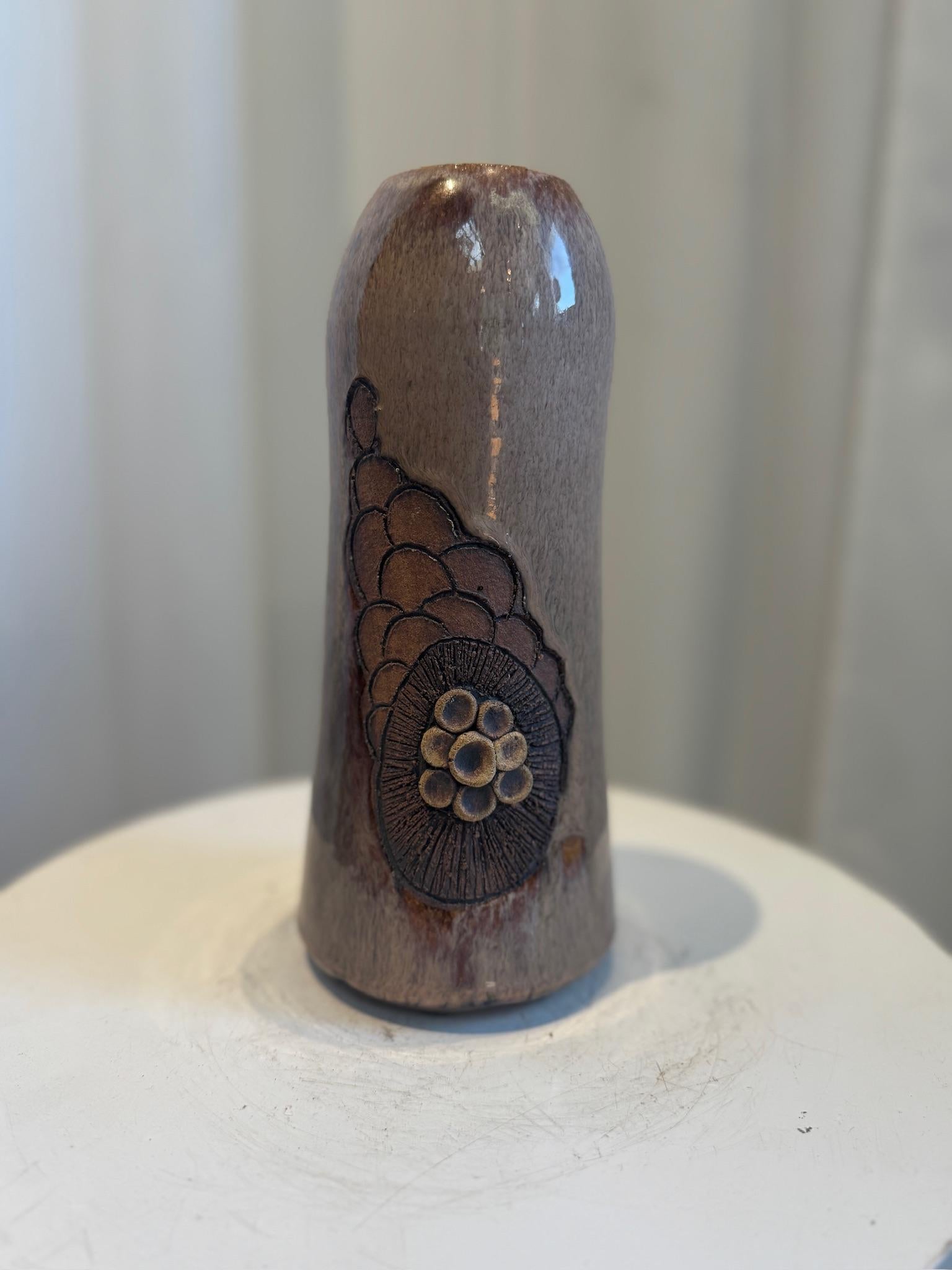 Handcrafted Glazed Stoneware Studio Pottery Vase with Relief Floral Motif In Good Condition For Sale In West Hollywood, CA