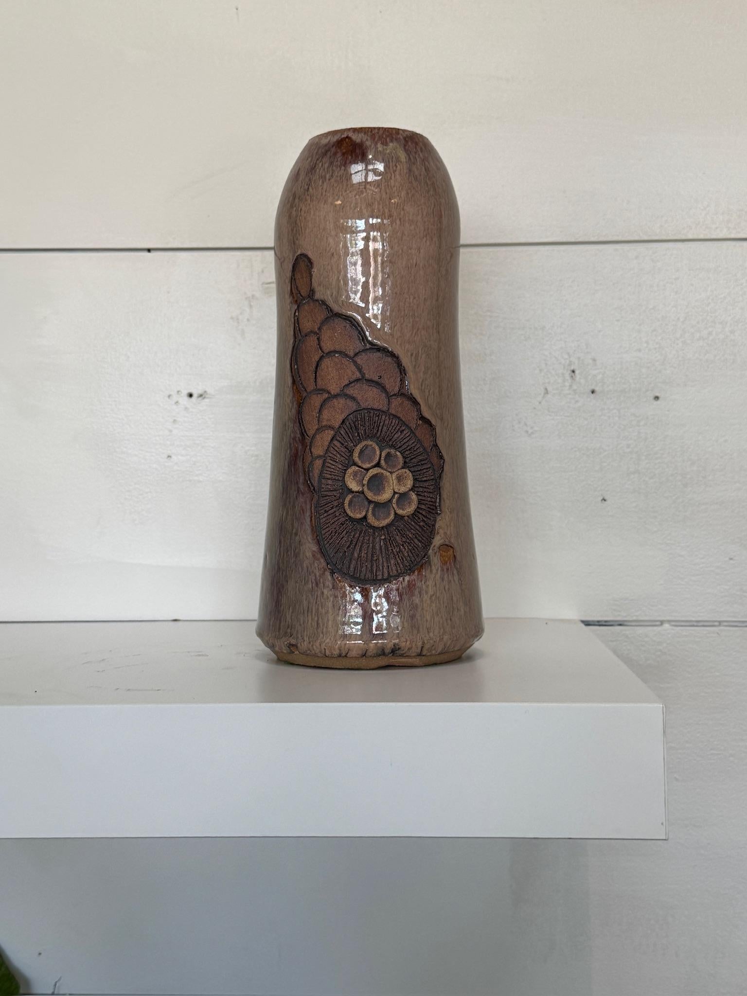 20th Century Handcrafted Glazed Stoneware Studio Pottery Vase with Relief Floral Motif For Sale