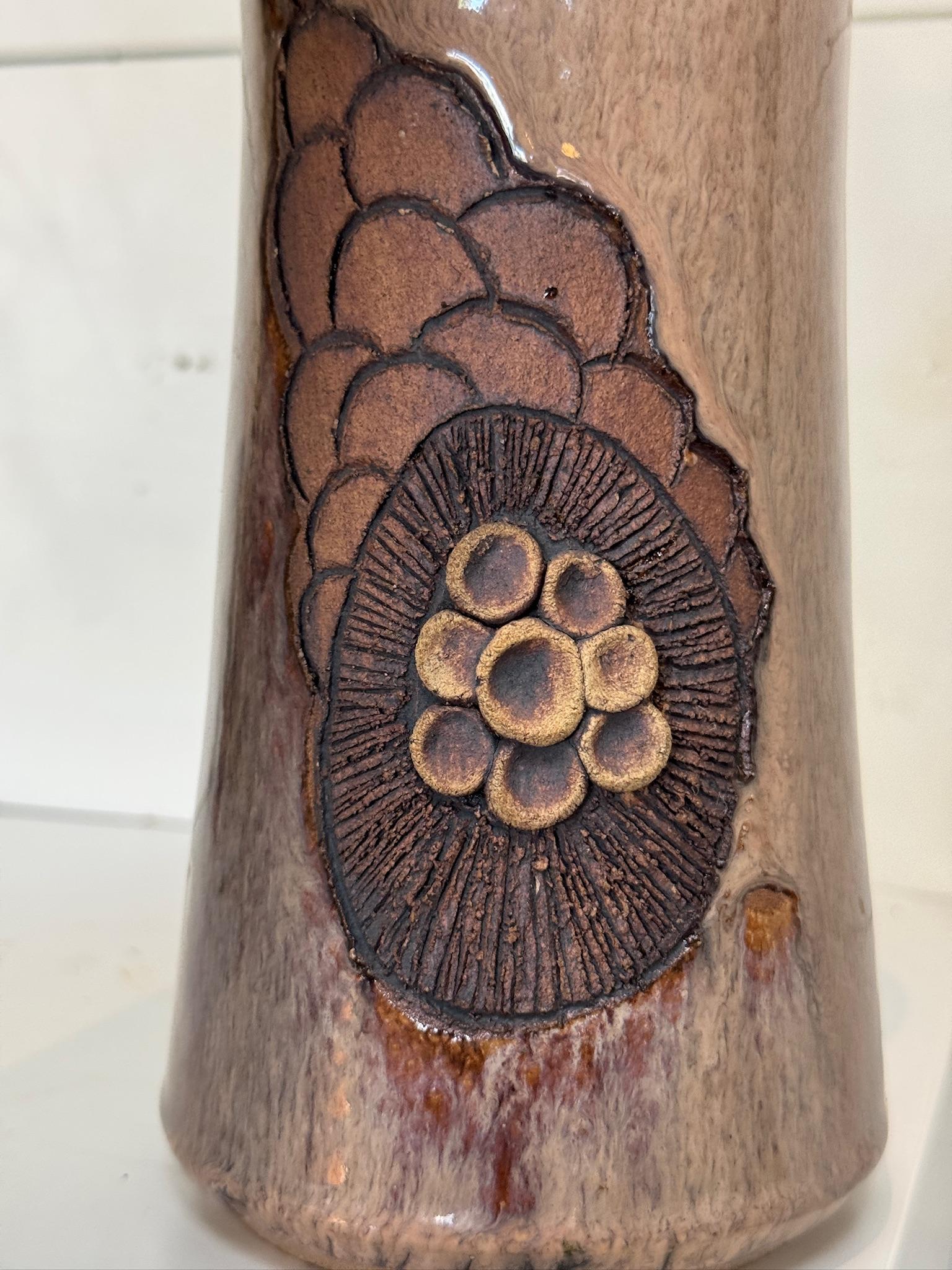 Handcrafted Glazed Stoneware Studio Pottery Vase with Relief Floral Motif For Sale 3