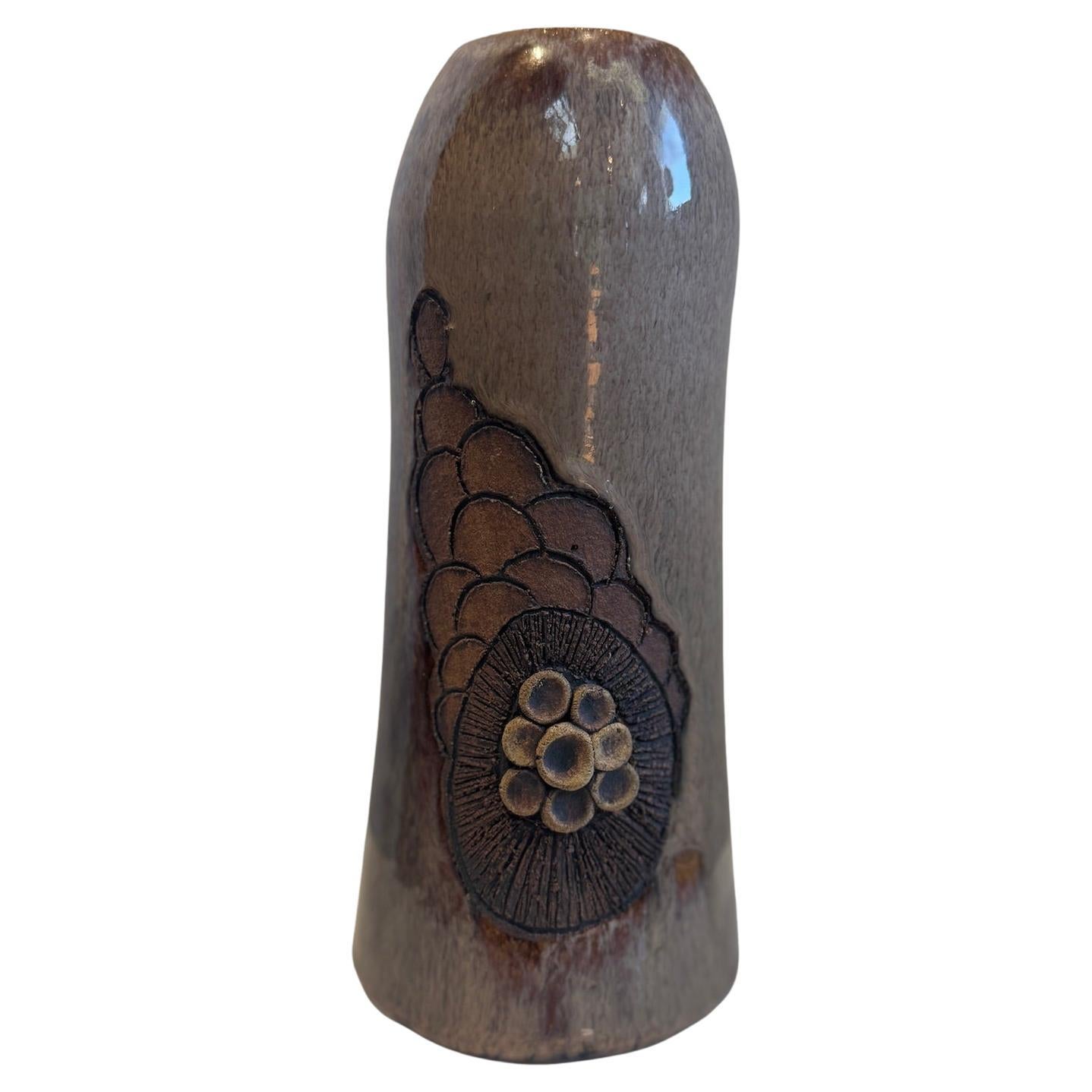 Handcrafted Glazed Stoneware Studio Pottery Vase with Relief Floral Motif For Sale