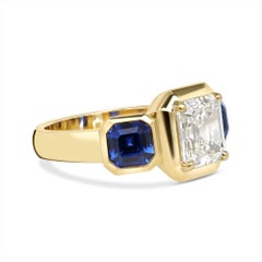 Handcrafted Gloria Emerald Cut Diamond Ring with Blue Sapphires by Single Stone