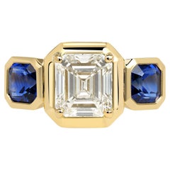 Handcrafted Gloria Emerald Cut Diamond Ring with Blue Sapphires by Single Stone