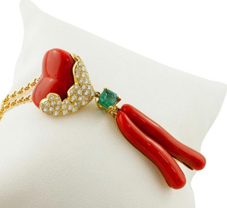 Round Cut Handcrafted Gold Necklace with Coral Pendant, Diamonds and Emerald