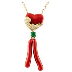 Handcrafted Gold Necklace with Coral Pendant, Diamonds and Emerald