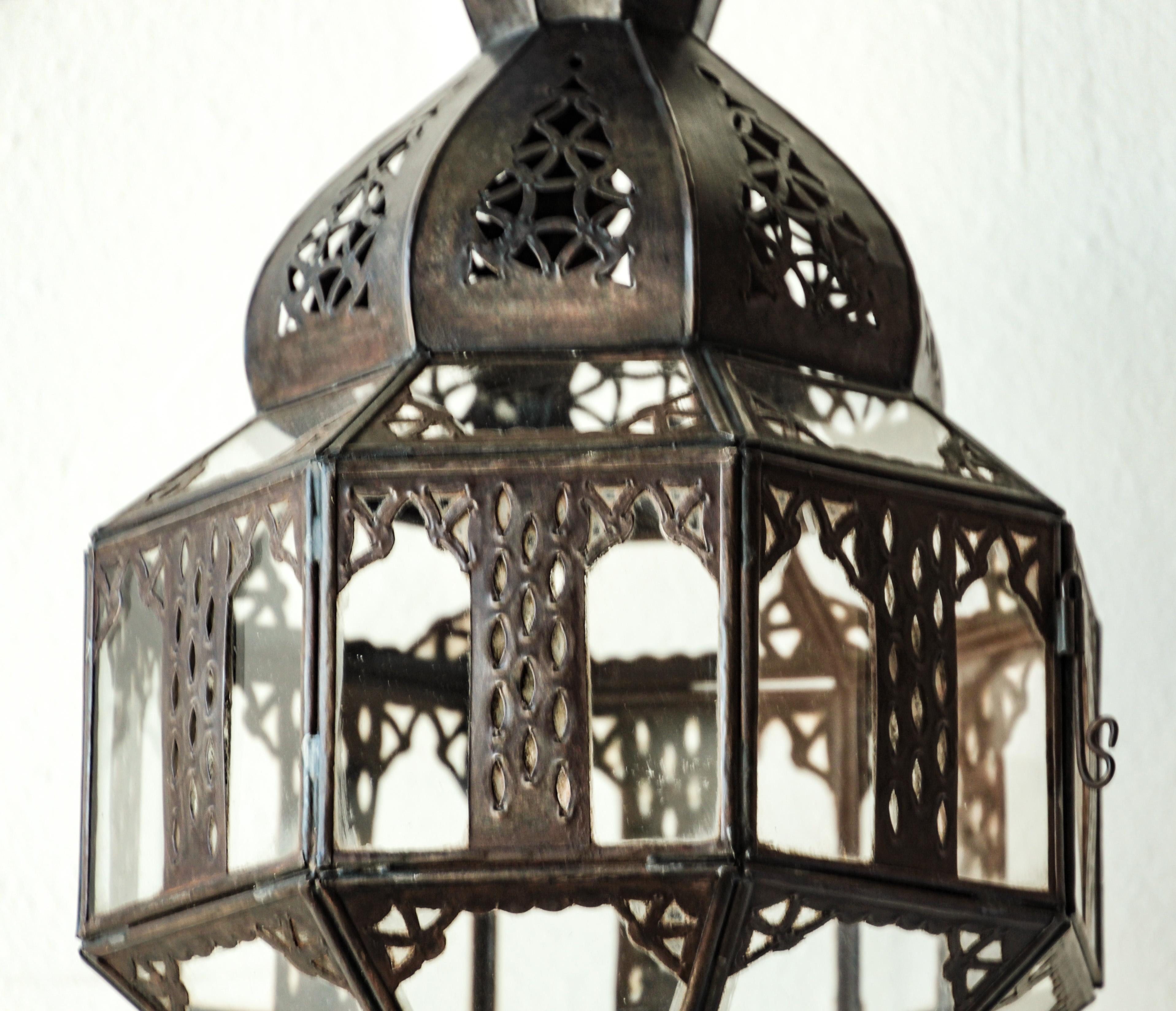 Moroccan Handcrafted Moorish Glass Lantern Octagonal Shape For Sale